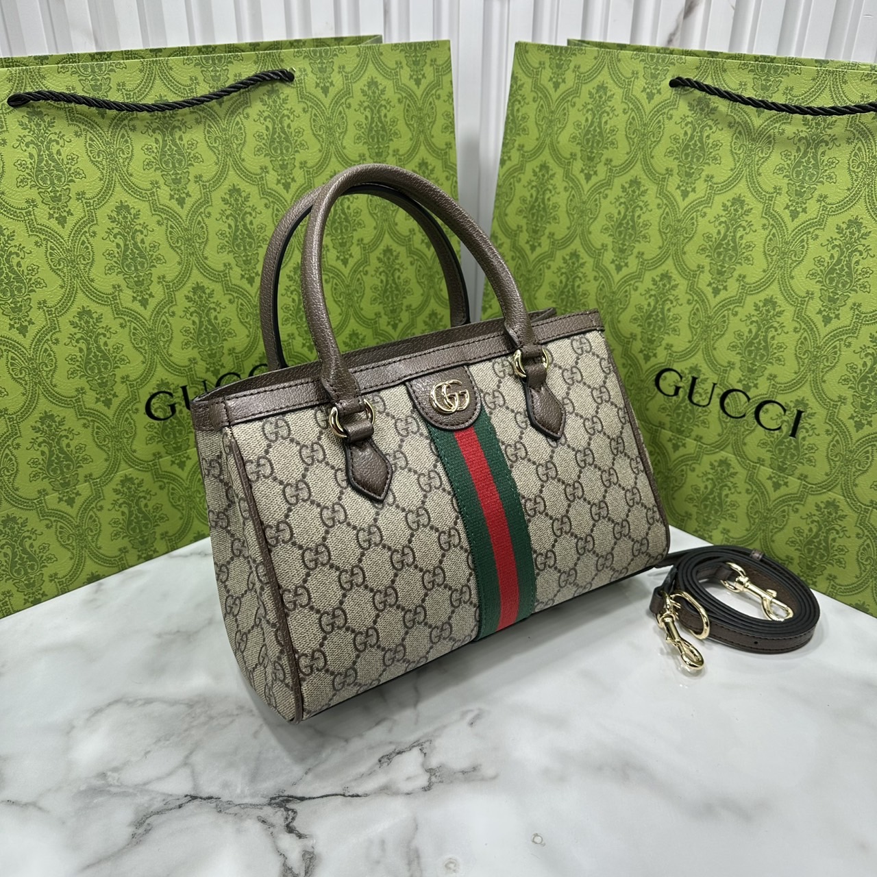 ORI หนังแท้ | Gucci Ophidia small tote bag Monogram Double G / Gucci Tote Bag กระเป๋าสะพายทรงโท้ทใบเล็ก คอลเล็กชั่น Ophidia ไฮไลท์รูปทรงและฟังก์ชั่นการใช้งานที่ได้รับการตีความใหม่