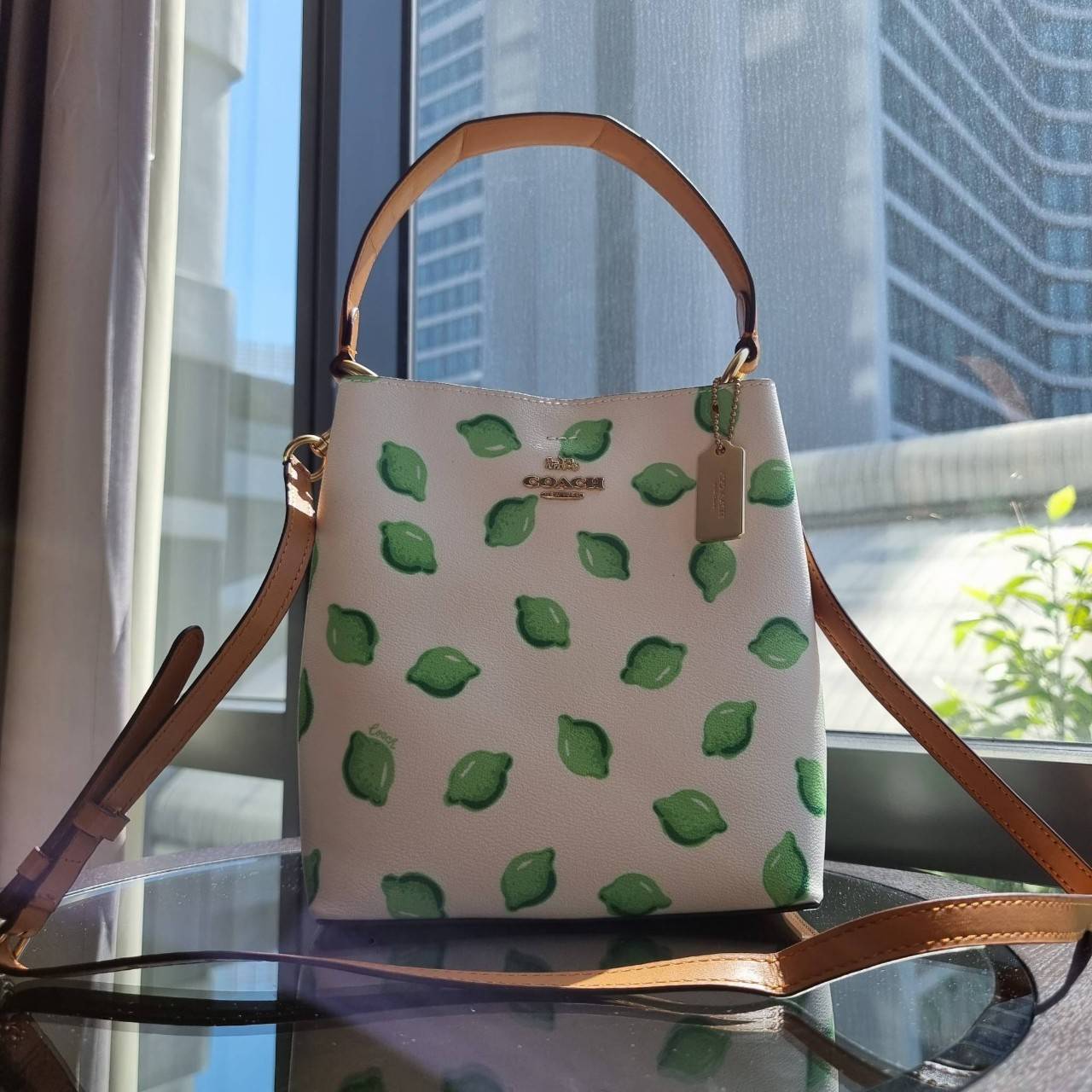 OUTTLET 】COACH 1625 SMALL TOWN BUCKET BAG WITH LIME PRINT ต้อนรับปีใหม่ด้วยความสดใส กับรุ่นยอดนิยม กระเป๋าทรงบัคเก็ตไซส์เล็ก ดีไซน์ลวดลายจี๊ดจ๊าด น่าใช้จริงจัง วัสดุหนังแคนวาสเคลือบลาย สวยคมแซ่บมากๆ เปิด-ปิดด้วยกระดุมแม่เหล็กทั้ง 2 ฝั่ง ภายในเป็นช่องโล่ง 