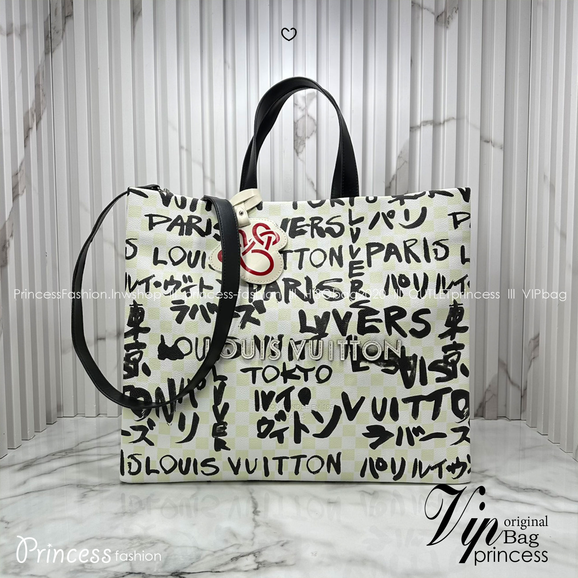 ORI หนังแท้ | LV Shopper Tote MM bag / striking black ink handwriting pattern กระเป๋าทรงโท้ทใบใหญ่ แต่งลายตัวอักษรแบบลายมือเต็มใบ