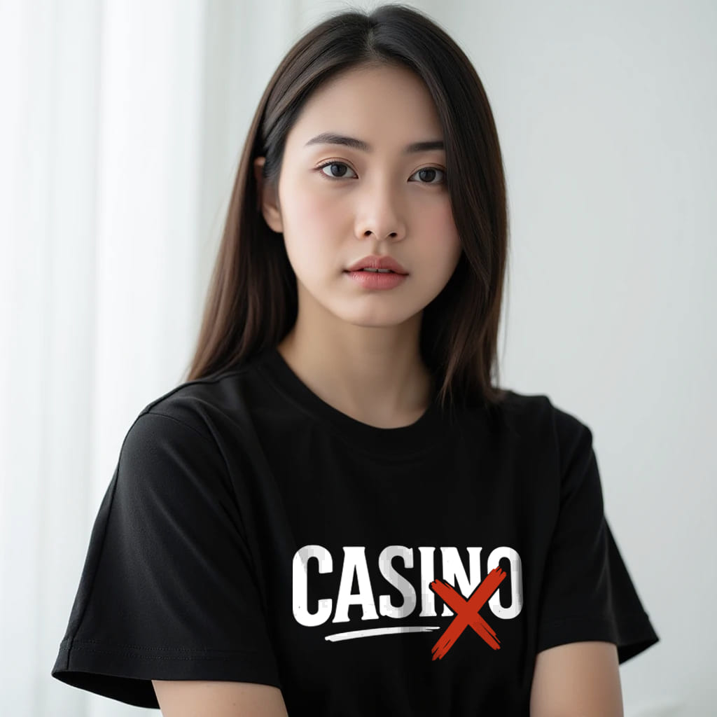 77DESIGN เสื้อยืด ไม่เอาคาสิโน anti casino สีดำ ผ้าคัตตอนใส่สบาย