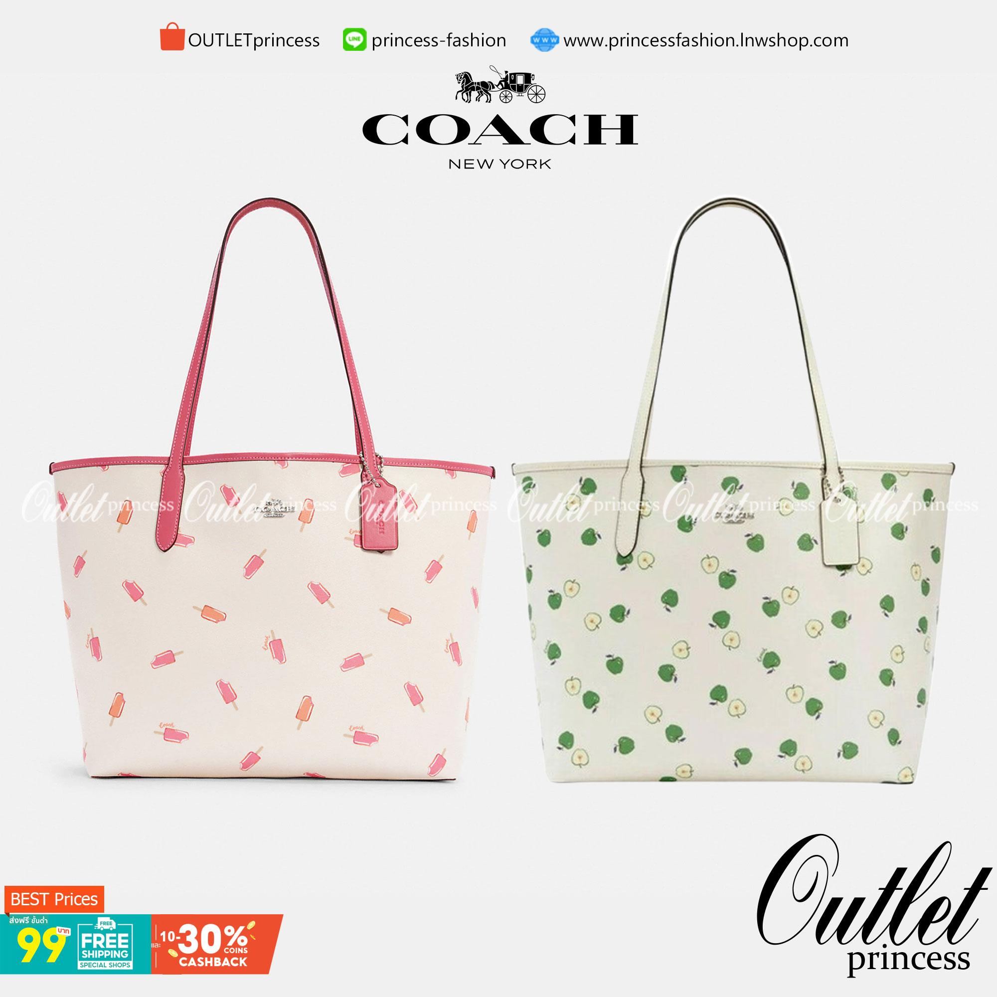 OUTLET 】COACH C4119 CITY TOTE WITH APPLE PRINT COACH CITY TOTE WITH POPSICLE PRINT C4277 แจกความน่ารักสดใส ด้วย 2 รุ่น กับเหล่าแอปเปิ้ลเขียวที่ยกมาทั้งสวน!! และลวดลายไอศครีมโทนชมพูแสนหวาน ดีไซน์ดึงดูดความสนใจได้ดีเลยทีเดียว กระเป๋าทรงช็อปปิ้งใบใหญ่ ที่จุย