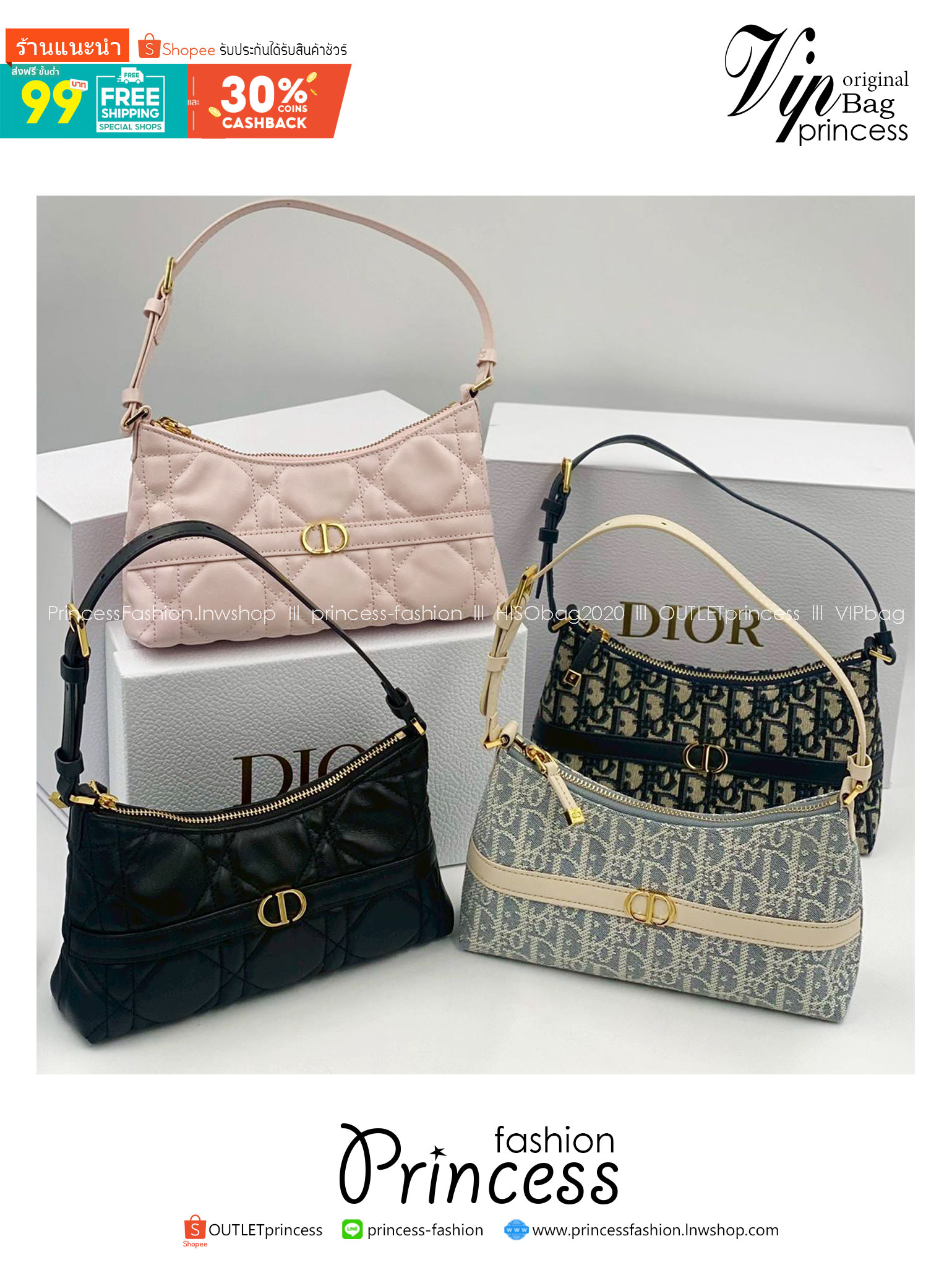 ORI หนังแท้ | DIOR Mini 30 Montaigne Cigale bag / DIOR Mini Miss Caro Cigale bag กระเป๋าสะพายไหล่ทรงโฮโบ ขนาดมินิเสริมไลน์ 30 Montaigne ด้วยรูปทรงทันสมัยและประณีตบรรจง