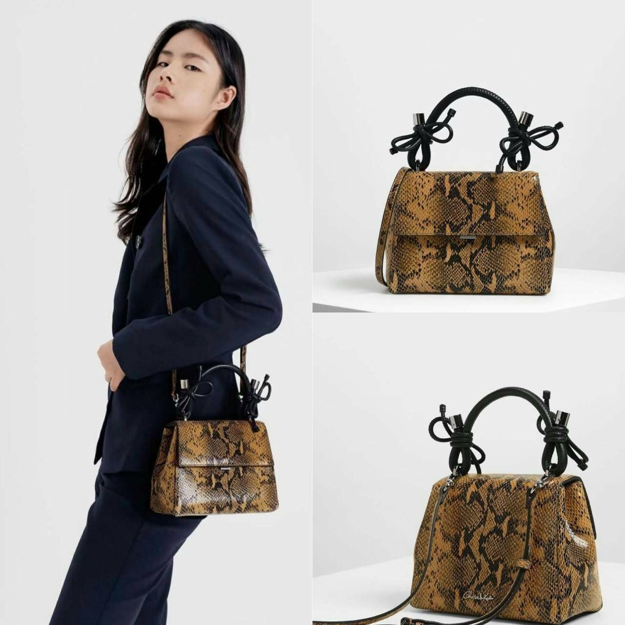 CHARLES & KEITH DOUBLE BOW LEATHER TOP HANDLE SNAKE PRINT BAG กระเป๋าถือ/สะพายใบน่ารัก ขนาดกำลังดี หูหิ้วแต่งโบว์น่ารัก เปิดปิดด้วยตัวกดล็อก ด้านในจุของพอสมควรเลยค่ะ ใส่ iPhone plus /กระเป๋าเงินใบกลางได้ มีสายสะพายยาวถอดและปรับสายได้ 1 เส้น รุ่นนี้น่ารักจ