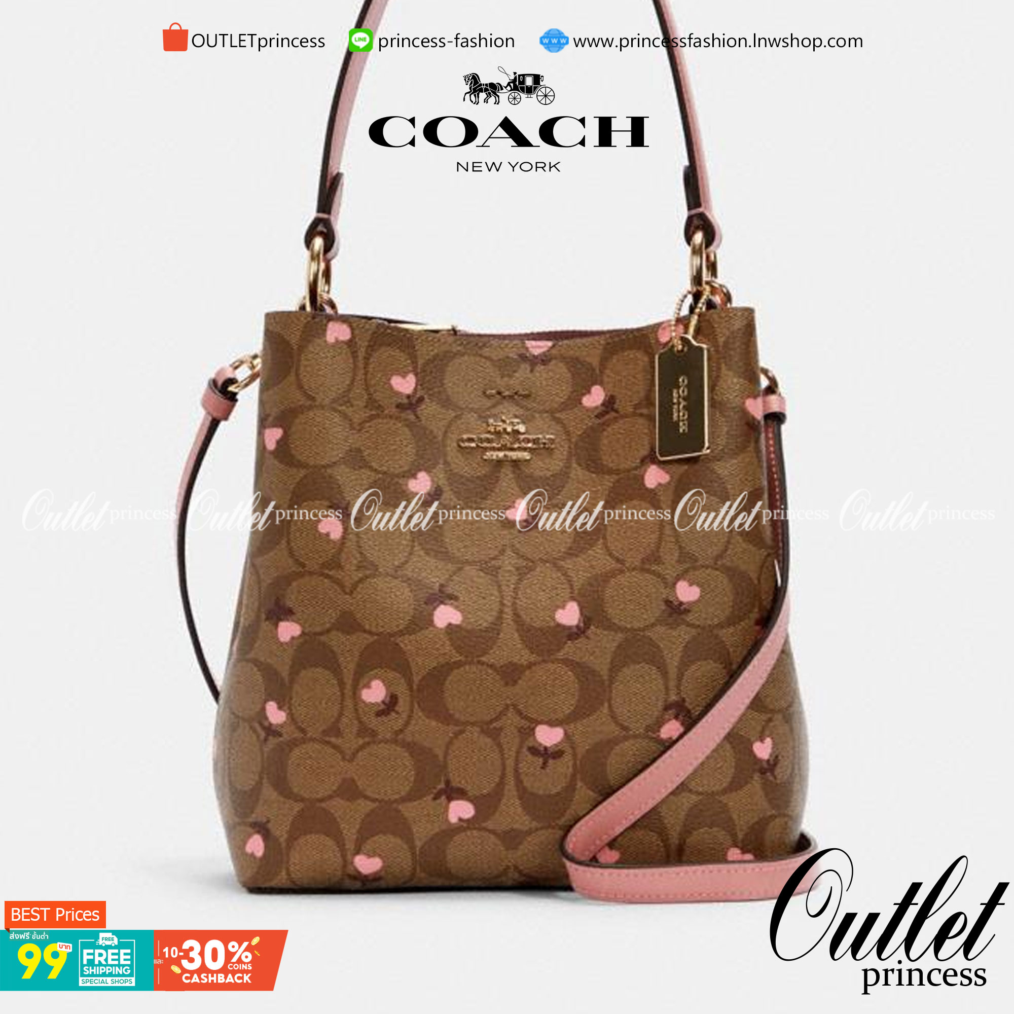 OUTTLET 】COACH SMALL TOWN BUCKET BAG IN SIGNATURE WITH Heart floral print สำหรับสาวแฟชั่นที่ชอบรายละเอียดชิคๆ ดีไซน์สุดเก๋ แนะนำเลยสำหรับกระเป๋าทรงบักเก็ตใบนี้ เชื่อว่าสาว ๆ หลายคนชื่นชอบ เป็นไอเทมที่สามารถแมทช์ได้กับเสื้อหลากหลายสไตล์ บรรจุของได้เยอะโดยท
