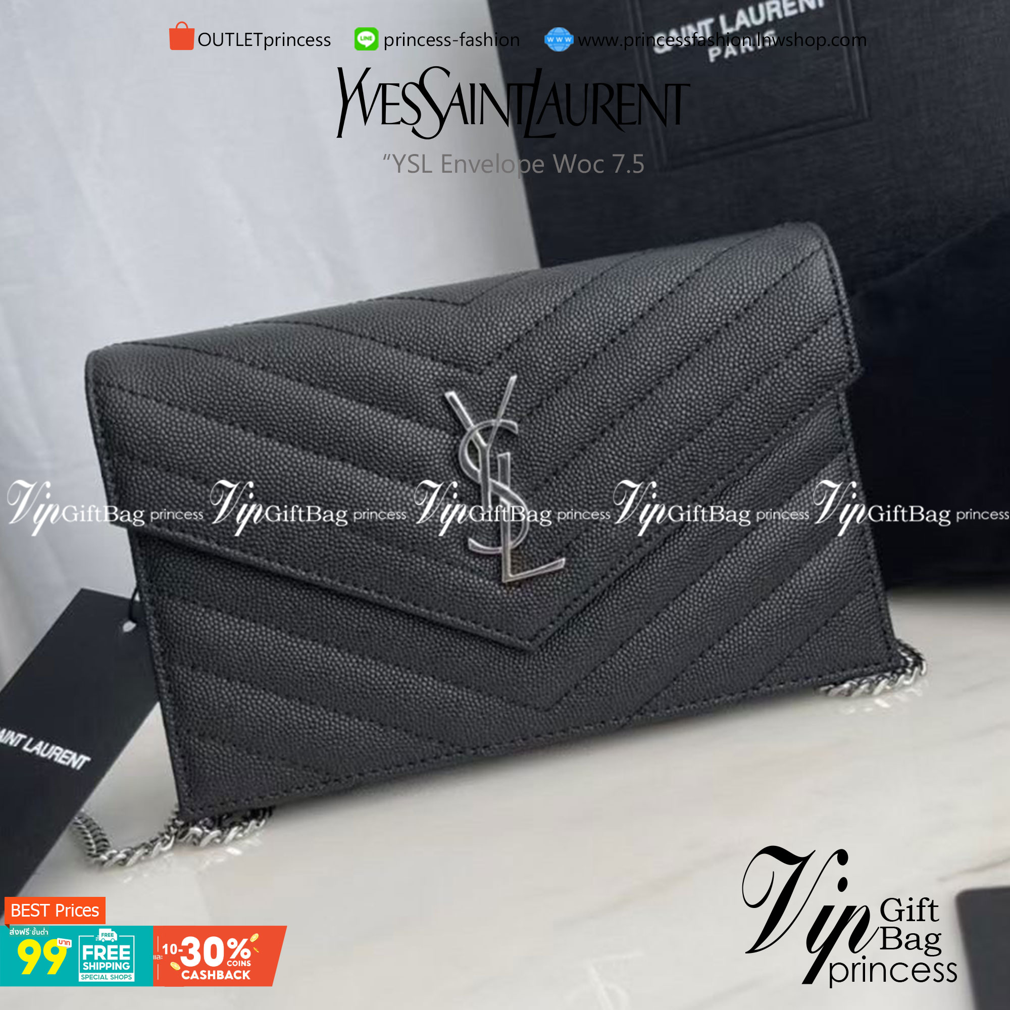VIP 】หนังแท้ YSL Saint Laurent Envelope WOC 7.5” กระเป๋าเงิน wallet on chain ที่มาพร้อมสายสะพายแบบโซ่ ขนาด 7.5” หนังวัวติดโลโก้ YSL มีทั้งอะไหล่เงิน ทอง และดำ ด้านในมีช่องซิป และช่องใส่การ์ด 6 ช่อง เรียบหรู คลาสสิคมากๆ เลยค่ะ