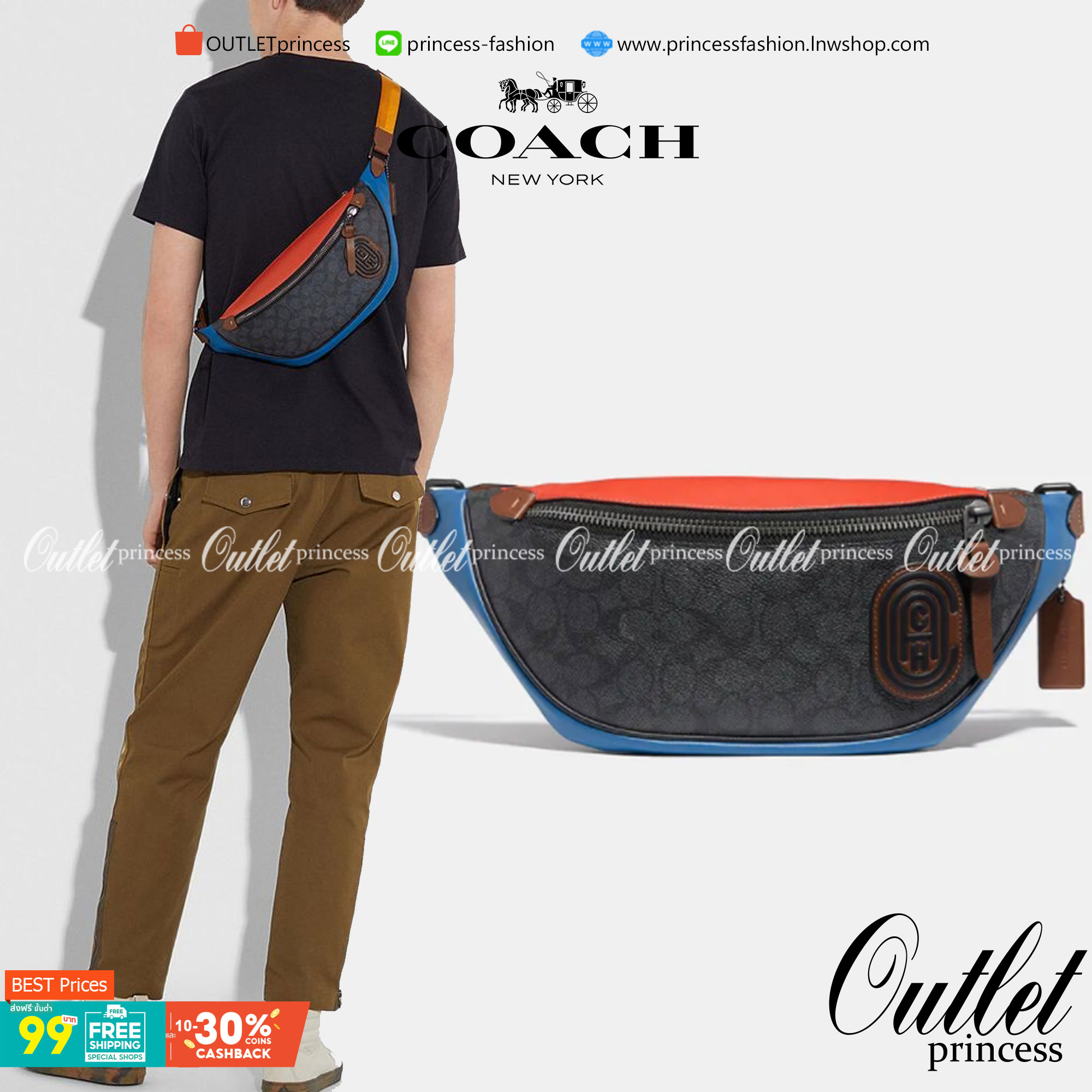 OUTTLET 】COACH RIVINGTON BELT BAG IN COLORBLOCK SIGNATURE CANVAS WITH COACH PATCH (962) รุ่นใบใหญ่จุใจ ใช้ได้ทั้งชายหญิง