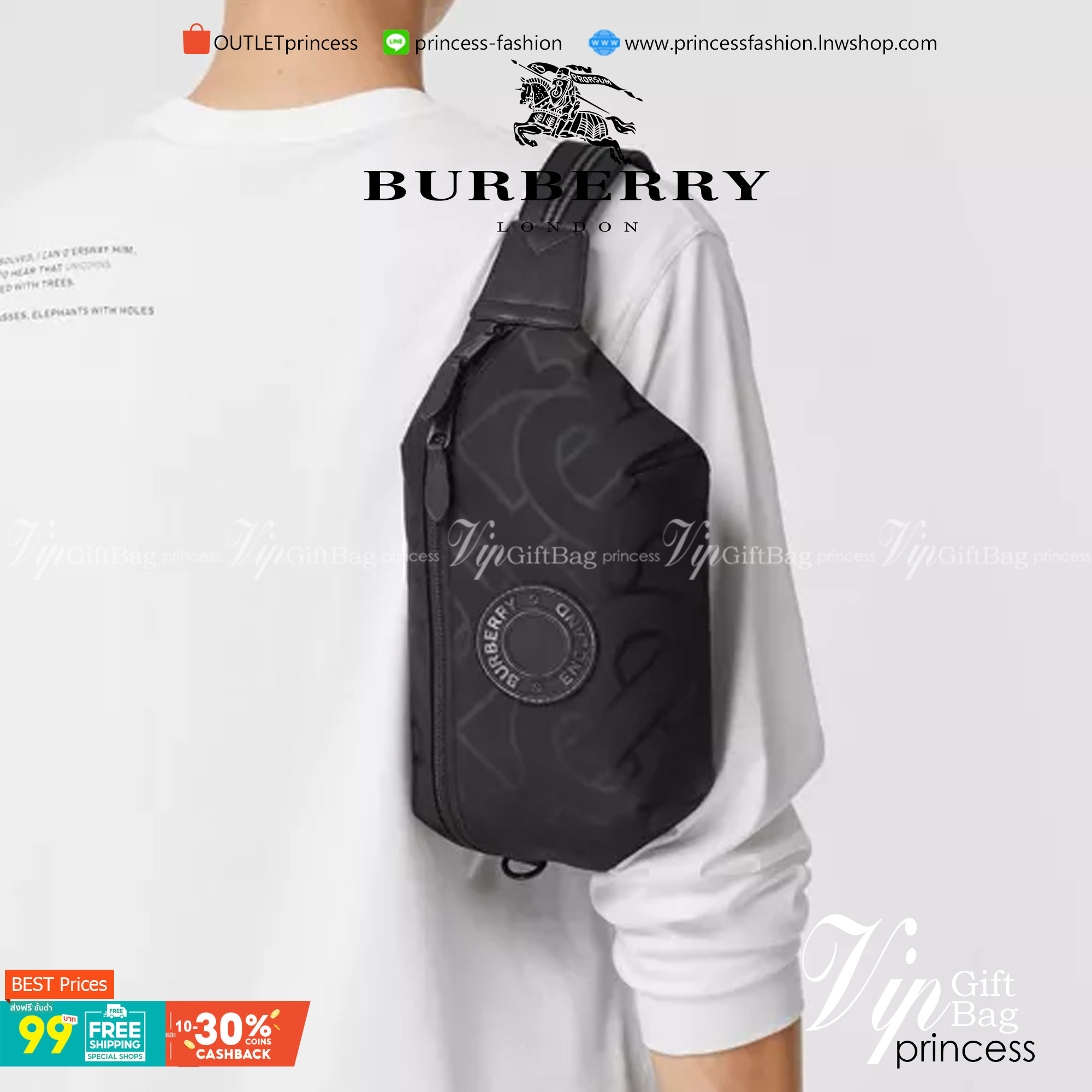BURBERRY FRAGRANCES MONOGRAM BELT BAG VIP GIFT WITH PURCHASE (GWP) กระเป๋าพรีเมี่ยมกิ๊ฟ Limited จากน้ำหอม BURBERRY วัสดุ100%POLYAMIDE (Nylon & Canvas) น้ำหนักเบามีโลโก้ด้านหน้าเปิดปิดด้วยซิปหัวซิปแบรนด์ ด้านหลังมีช่องซิป ภายในมีโลโก้ใช้ใส่มือถือ กระเป๋าสต