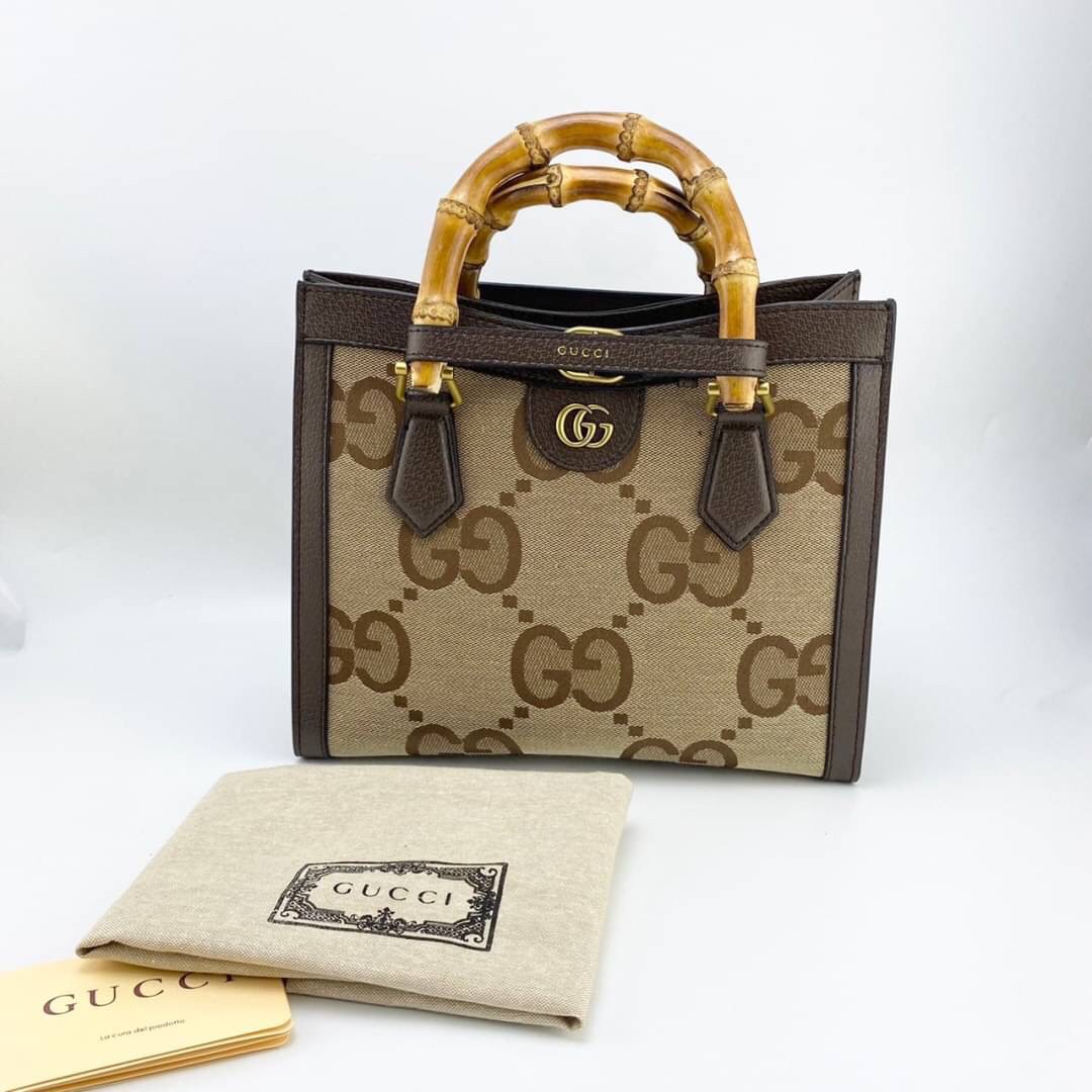 หนังแท้ Gucci Diana jumbo GG tote bag (mini/small) พร้อมส่งที่ไทย Brown Camel and ebony jumbo GG canvas ภาพถ่ายจากสินค้าจริง