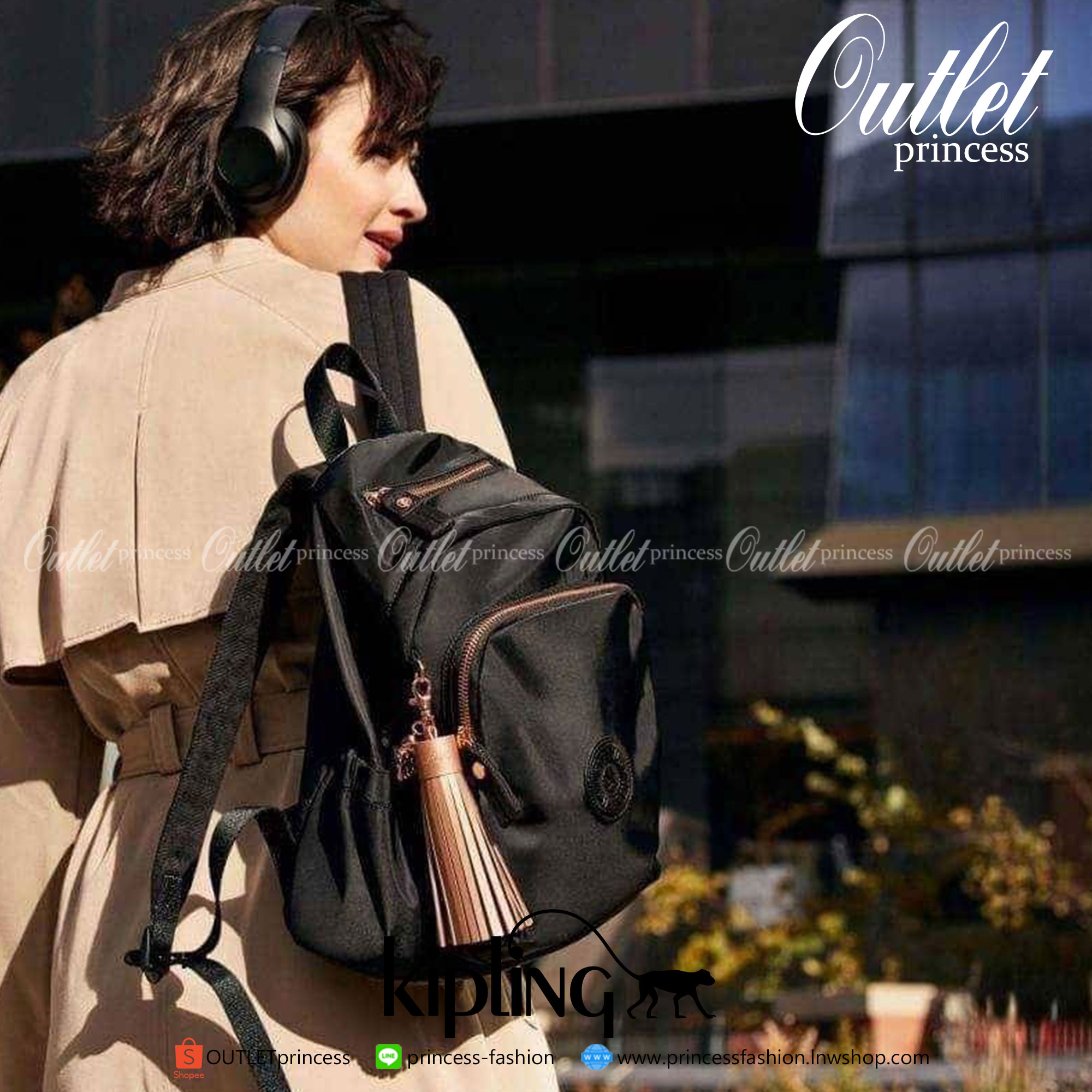 KIPLING Delia Medium Backpack with Front Pocket and top handle กระเป๋าเป้ไซส์ขนาดกลาง วัสดุ Polyester100% อะไหล่สี Rose gold พวงกุญแจmonkeyและพู่หนังrubber เพิ่มความหรูหรา