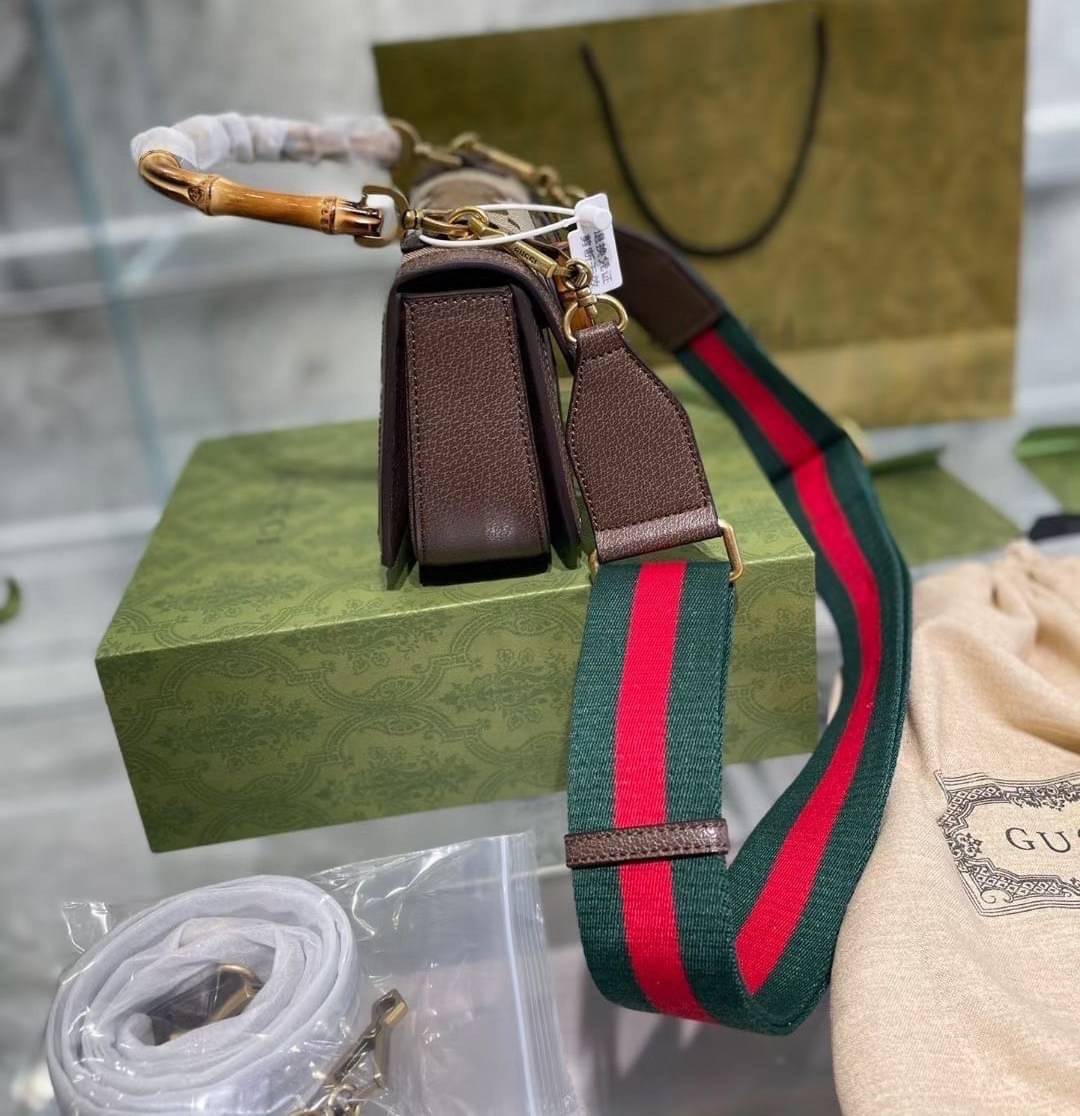 Gucci Bamboo 1947 jumbo GG mini bag พร้อมส่งที่ไทย Camel and ebony jumbo GG canvas