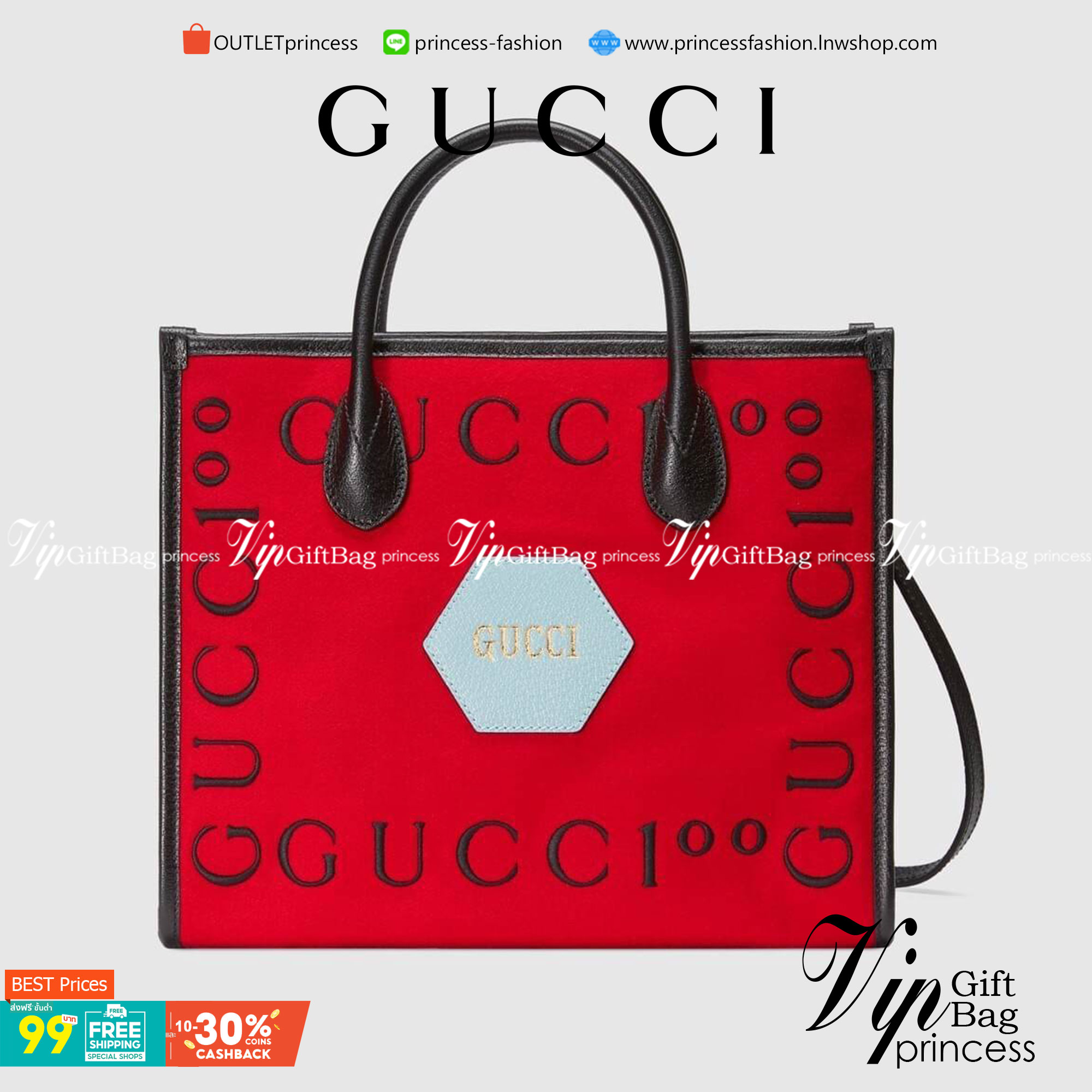 VIP 】Gucci 100 small tote bag Hibiscus red felt with Gucc100 print Black leather พร้อมส่งที่ไทย