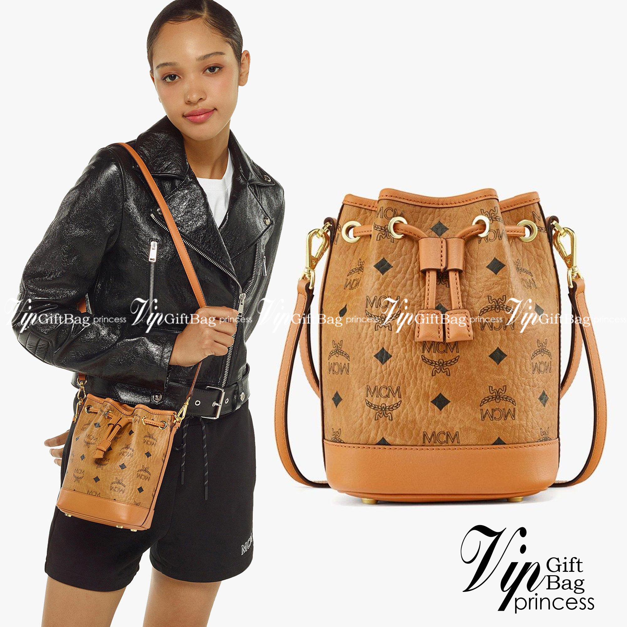 M.C.M MINI DESSAU DRAWSTRING BAG IN VISETOS กระเป๋าสะพายทรง bucket ไซส์ mini เกรดออริ สลับแท้ 1:1 ใช้งานต่างประเทศได้