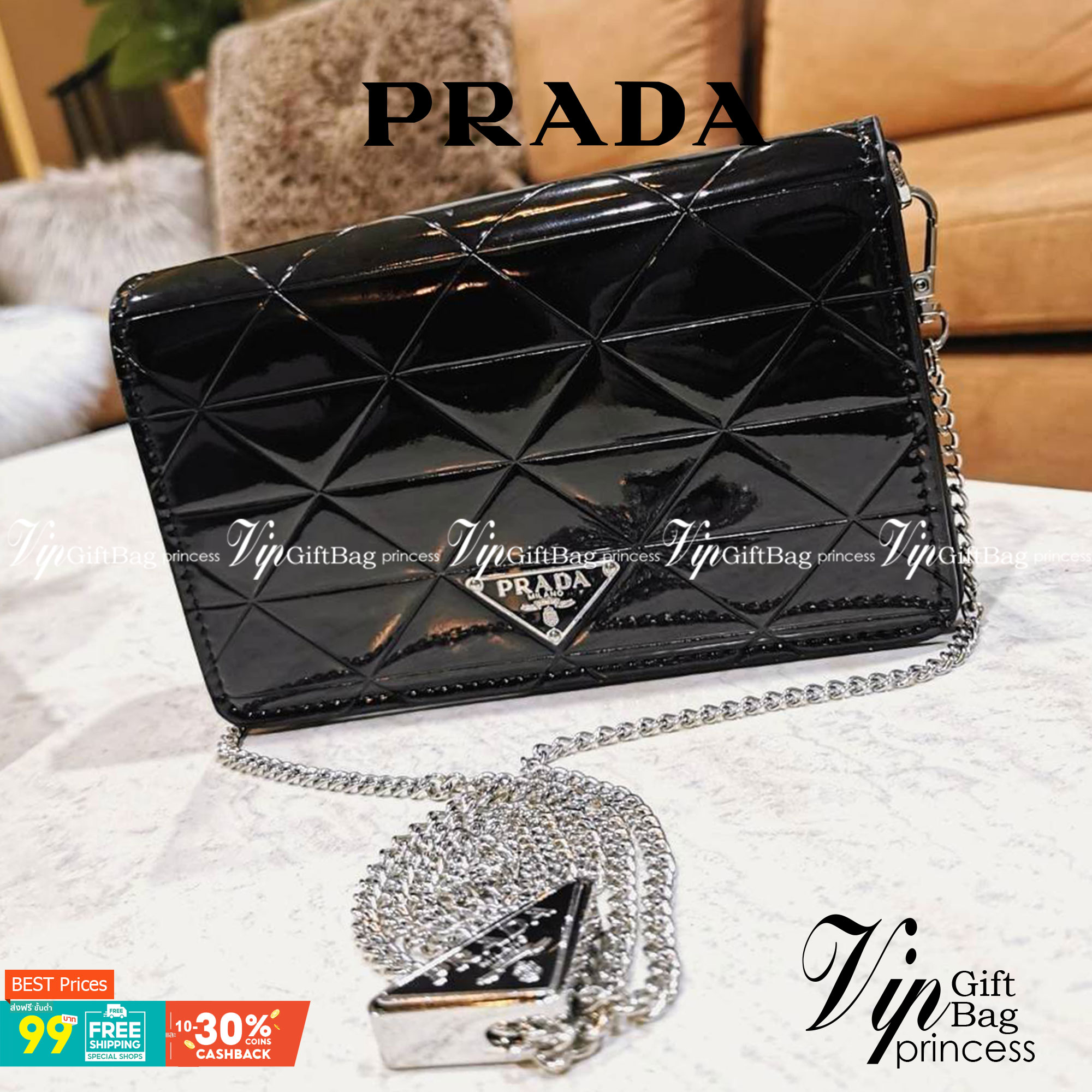 PRADA CLUTCH BAG WITH CARD HOLDER VIPGIFT WITH PURCHASE พรีเมี่ยมกิ้ฟรุ่น Limited จาก DUTYFREE สวยหรูดูดีสุดคุ้มมากๆได้ทั้งกระเป๋าสะพายทรงคลัชพร้อมสายโซ่แบรนด์ + กระเป๋า Card Holder ใส่นามบัตรครบชุดไอเท็มใหม่ล่าสุดน่าใช้น่าสะสม สินค้ามาพร้อมกล่องแบรนด์ Du