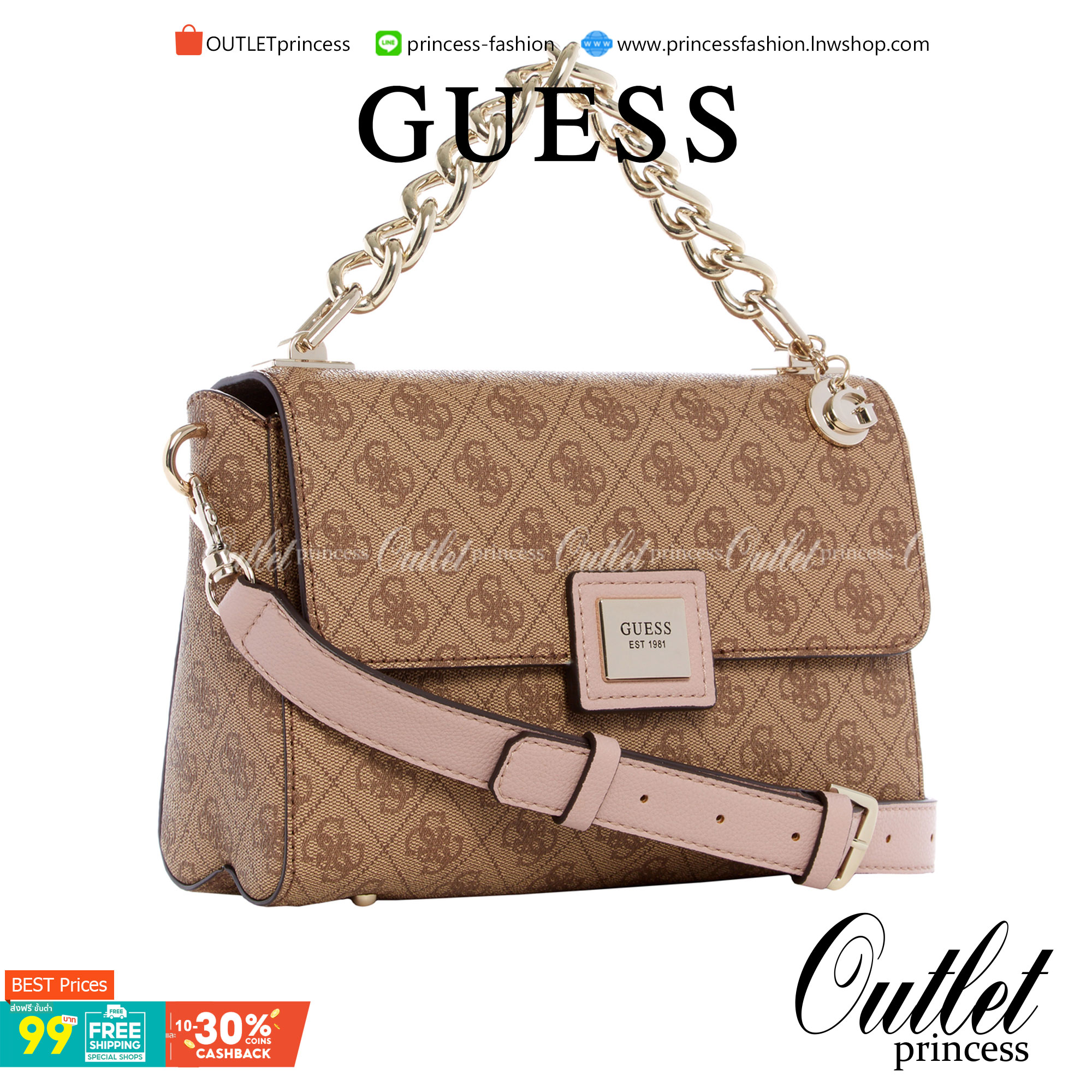 ราคาปังปิ๊นาศ (!!) มากแม่ 💕 GUESS Candace Top Handle Flap Bag กระเป๋าสะพาย Crossbody / คล้องแขน ถือออกงานได้ ทรงน่ารัก จากแบรนด์ GUESS สวยอยู่ทรง ขนาดกำลังดี น้ำหนักเบา ด้านหน้ามีโลโก้แบรนด์อะไหล่ทอง มีอะไหล่โซ่ห้อยด้านหน้าสามารถคล้องแขนและถือได้ 