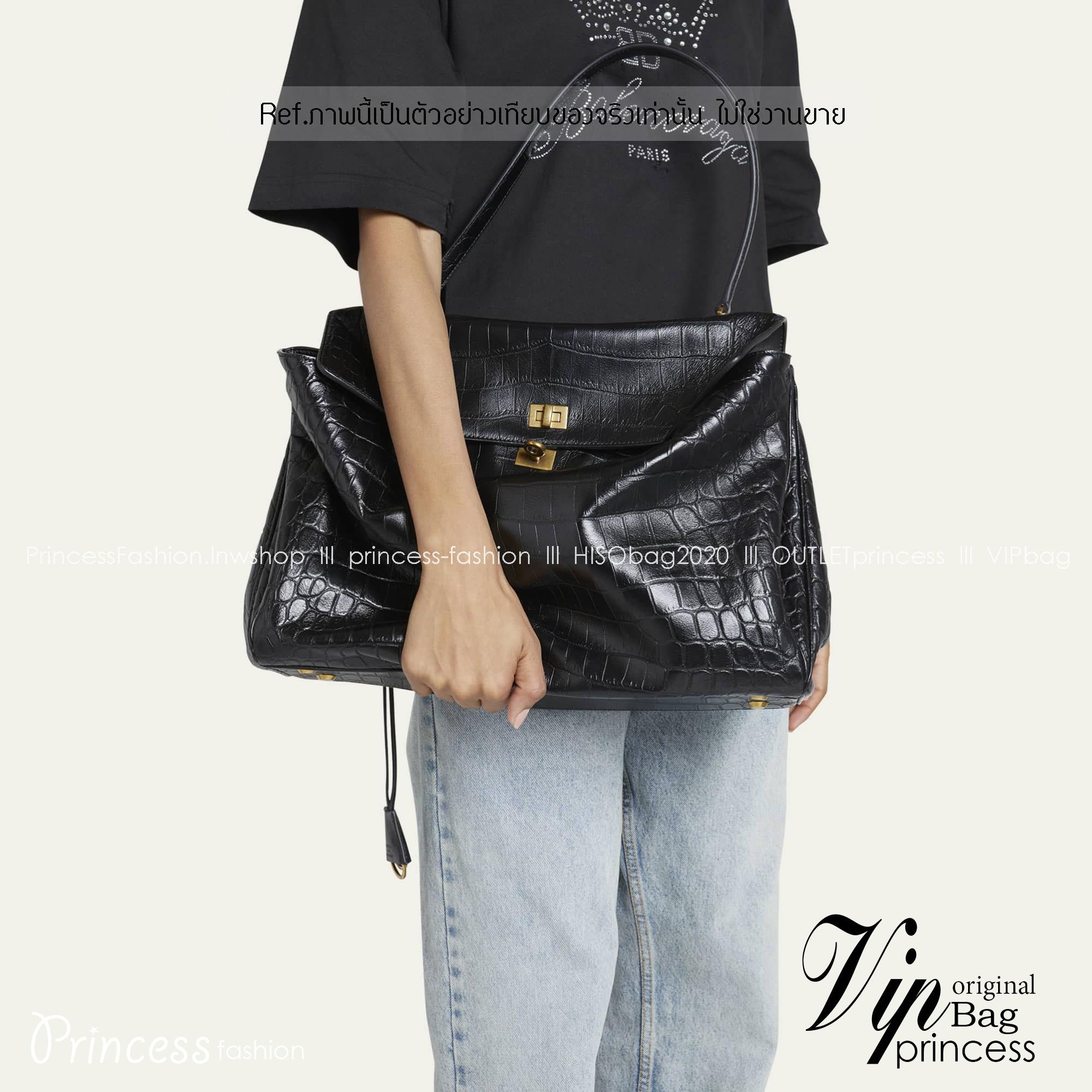 Top ORI Balenciaga RODEO LARGE HANDBAG CROCODILE EMBOSSED IN BLACK กระเป๋าถือใบใหญ่ สวยหรูด้วยหนังลายจรเข้ เกรดออริ 1:1