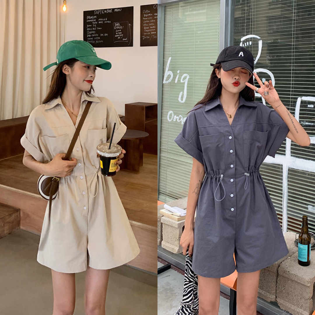 พร้อมส่ง 2 สี 🐮 Brownie jumpsuit จั๊มสูทกางเกงขาสั้นสีน้ำตาล (IN36225)