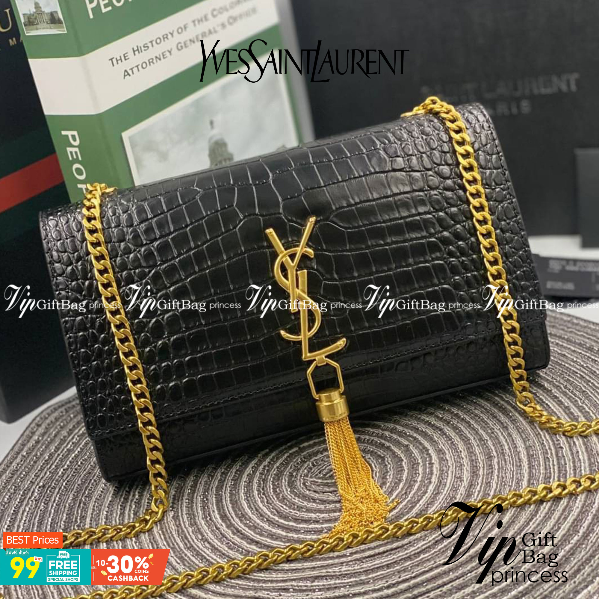VIP 】หนังแท้ YSL Saint Laurent Kate Tassel Bag in Black Crocodile-Embossed Leather with Gold Hardware
