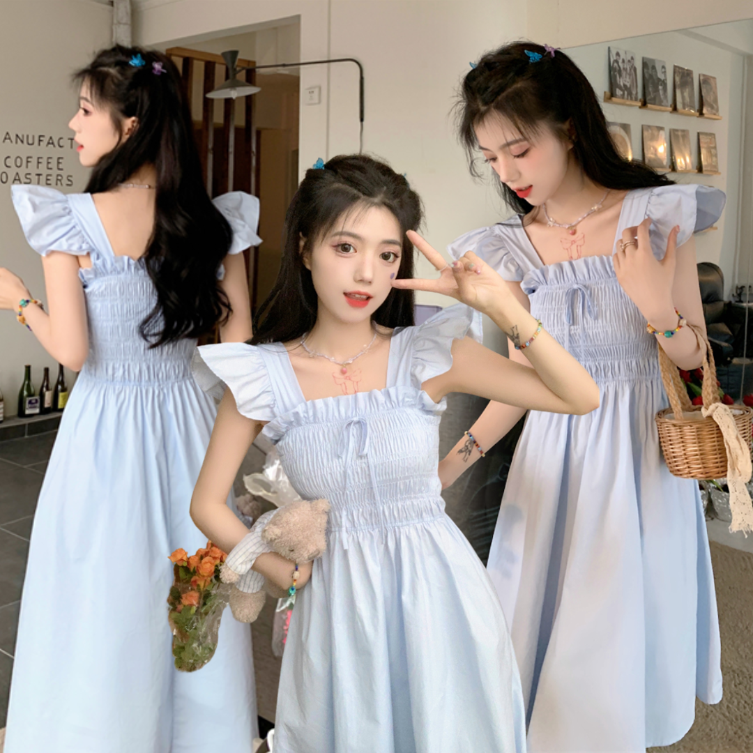 พร้อมส่ง 🥁🦩Angela dress เดรสสีฟ้าแต่งแขนเดรสคล้ายปีก (IN37476)