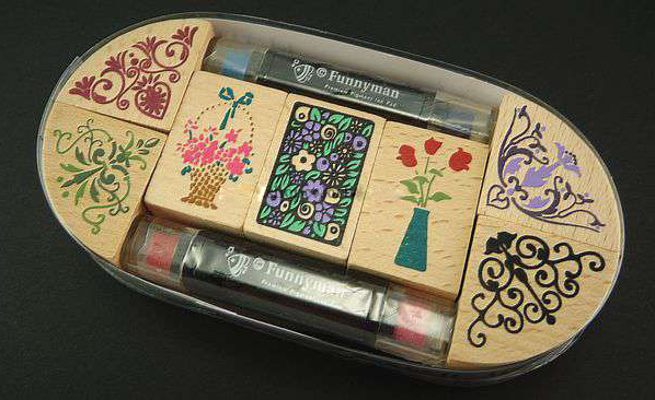 ชุดตัวปั๊ม floral wooden stamp set ตัวด้ามไม้พร้อม หมึก twin color