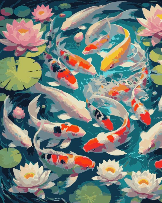 RCG011 ภาพระบายสีตามตัวเลข "ปลาคาร์ฟในบ่อบัว"