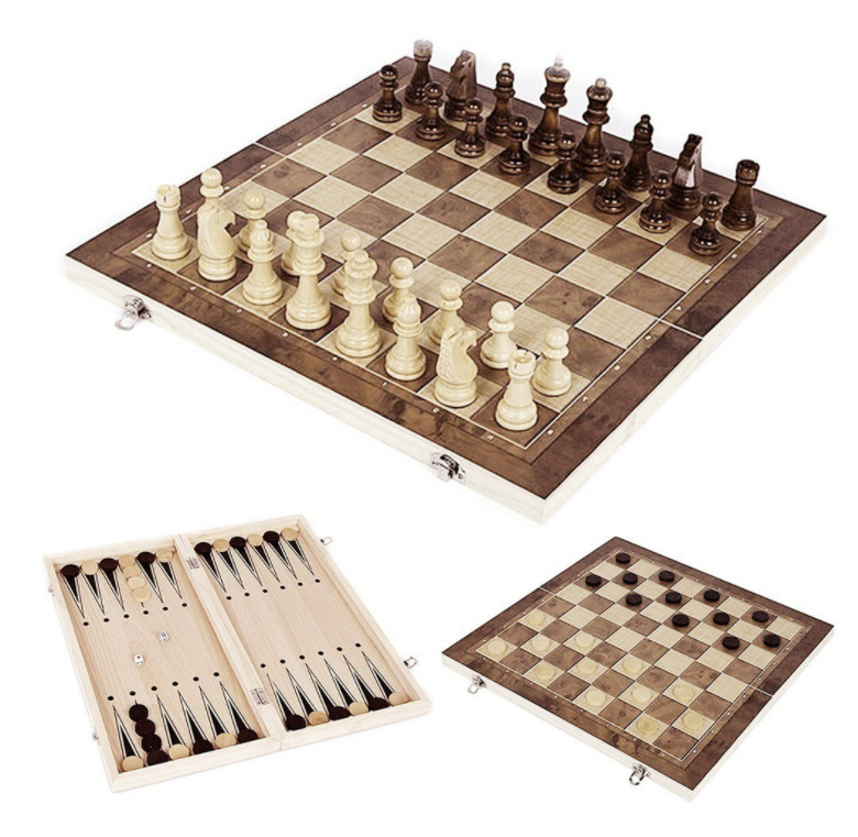 ชุดหมากรุกสากลไม้พับได้ 3 ใน 1 พร้อมหมากฮอสและแบ๊กเกมม่อน (Chess,Checker,Backgammon)