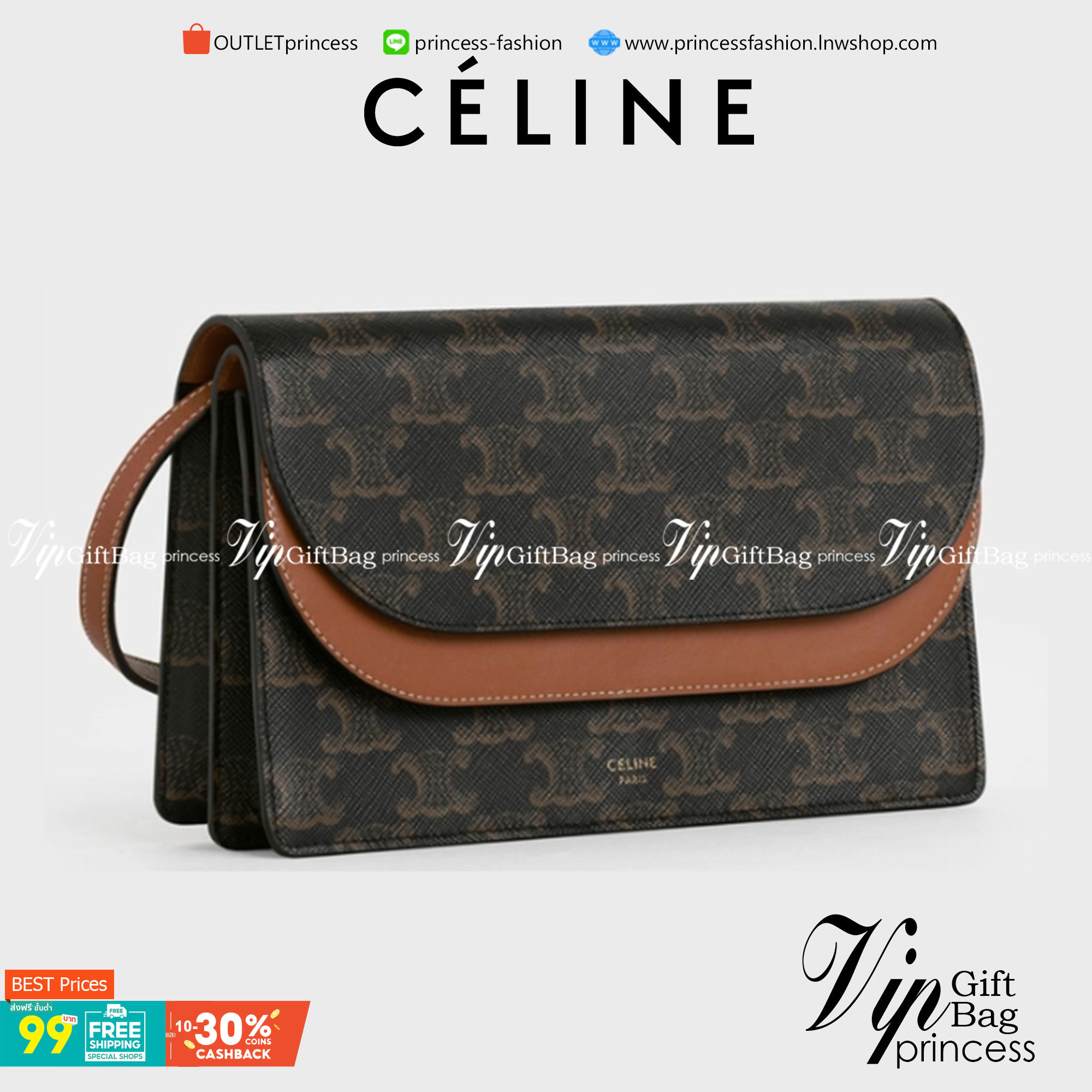 VIP 】หนังแท้ CELINE TRIOMPHE CLUTCH VIP GIFT CELINE IN TRIOMPHE CANVAS AND SMOOTH LAMBSKIN WALLET ON STRAP BAG กระเป๋าทรงสี่เหลี่ยมผืนผ้าหนังสวยหรูอยู่ทรงเปิดปิดด้วยฝาปิดกระดุม2ชั้น ภายในมีช่องแบ่งหลายช่องเป็นสัดส่วน สามารถใส่มือถือของใช้จุกจิกได้เยอะ มาพ