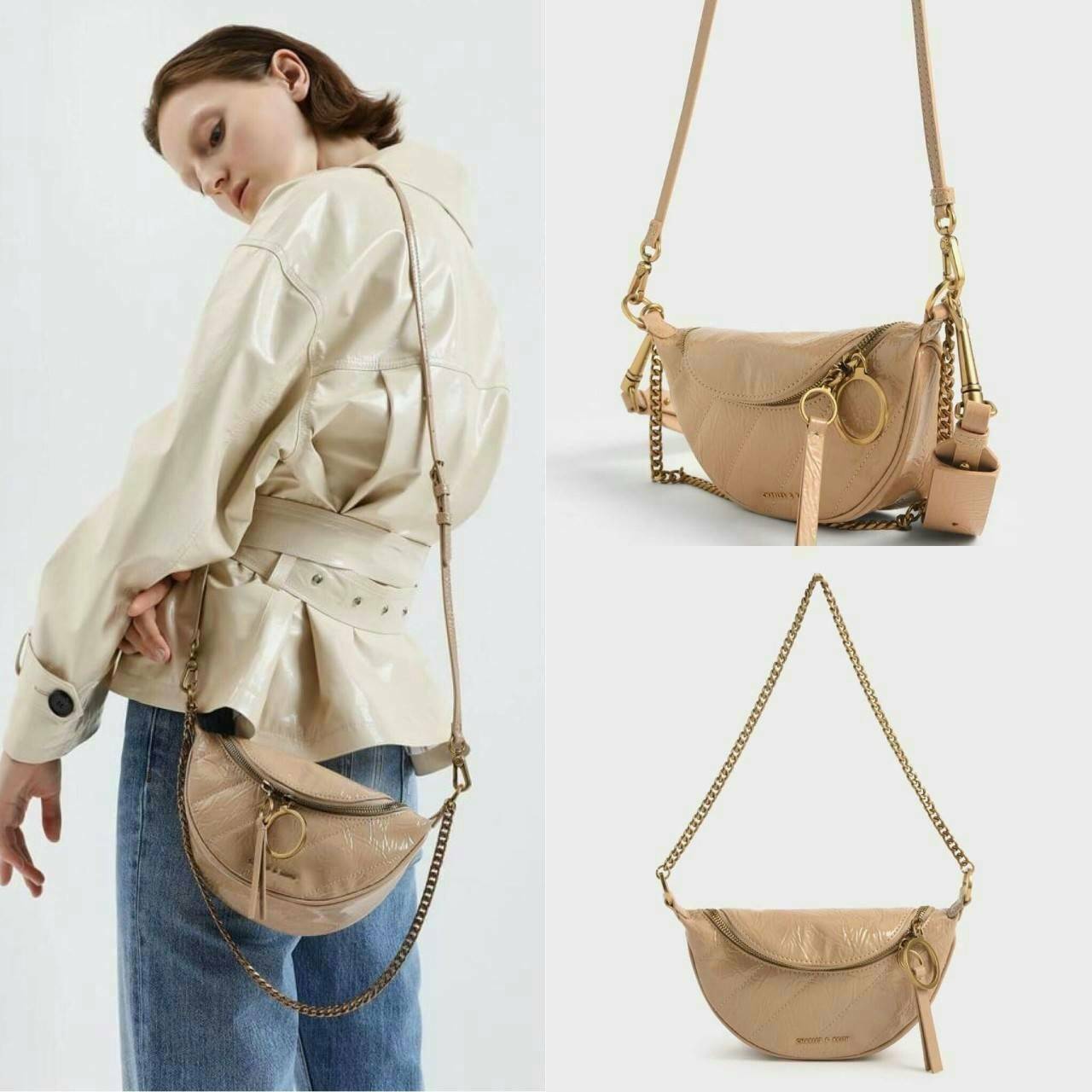 CHARLES & KEITH WRINKLED EFFECT RING ZIP TASSEL CROSSBODY BAG กระเป๋าสาระพัดประโยชน์ ใช้คาเอว คาดอก หรือจะสะพายแบบครอสบอดี้ได้ค่า 💥💥 มีโลโก้แบรนด์ที่ด้านหน้า เปิดปิดแบบซิปคู่เก๋ๆ ด้านในมีช่องใส่บัตรได้ 3 ช่อง รุ่นนี้ใส่ iPhone plus ได้พอดี