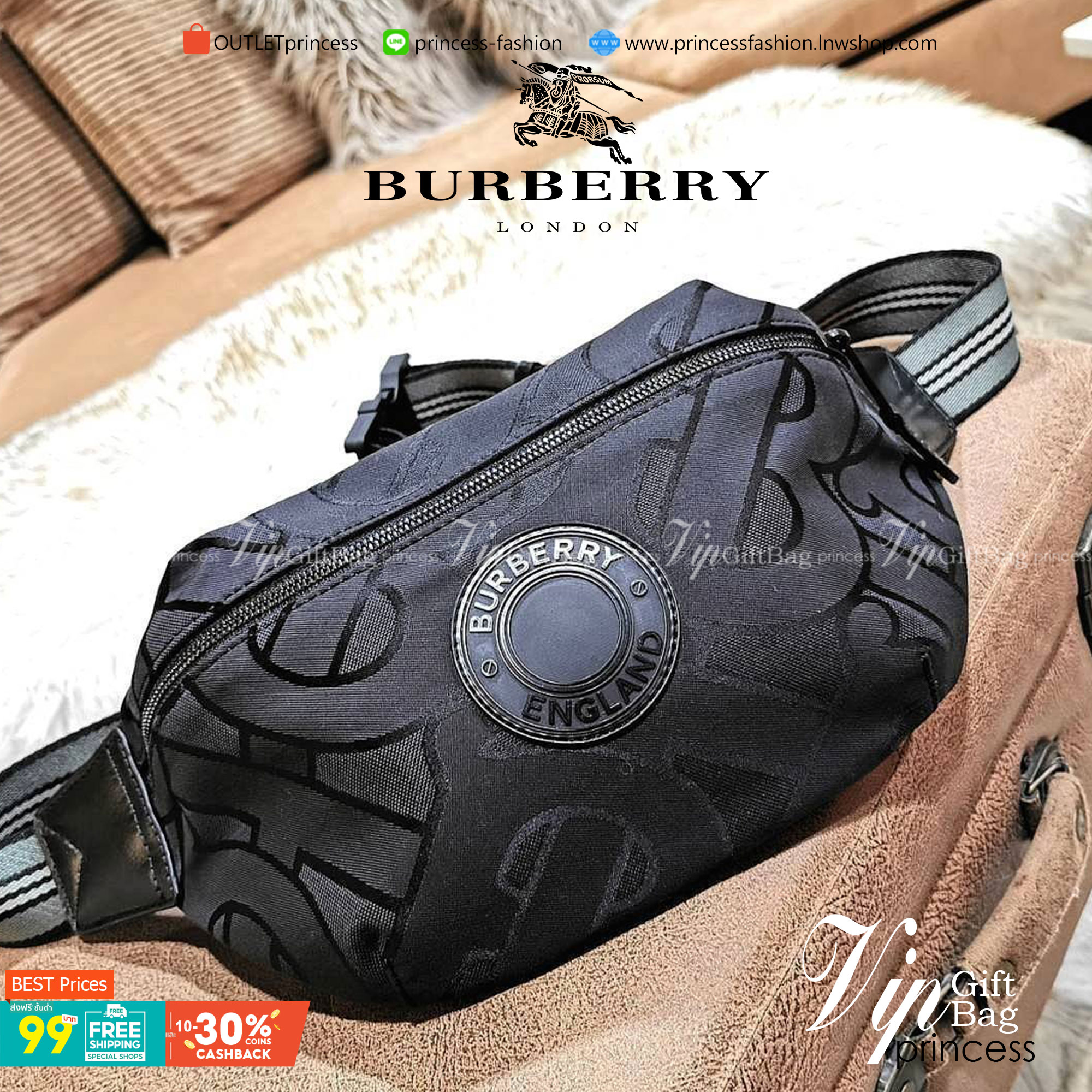 BURBERRY FRAGRANCES MONOGRAM BELT BAG VIP GIFT WITH PURCHASE (GWP) กระเป๋าพรีเมี่ยมกิ๊ฟ Limited จากน้ำหอม BURBERRY วัสดุ100%POLYAMIDE (Nylon & Canvas) น้ำหนักเบามีโลโก้ด้านหน้าเปิดปิดด้วยซิปหัวซิปแบรนด์ ด้านหลังมีช่องซิป ภายในมีโลโก้ใช้ใส่มือถือ กระเป๋าสต
