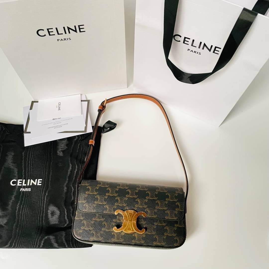 ORI CELINE Triomphe Shoulder Bag in Triomphe canvas and calfskin Tan เกรดออริจินอล หนังแท้ พร้อมส่งที่ไทย ภาพถ่ายจากงานขายจริง ใช้งานต่างประเทศได้