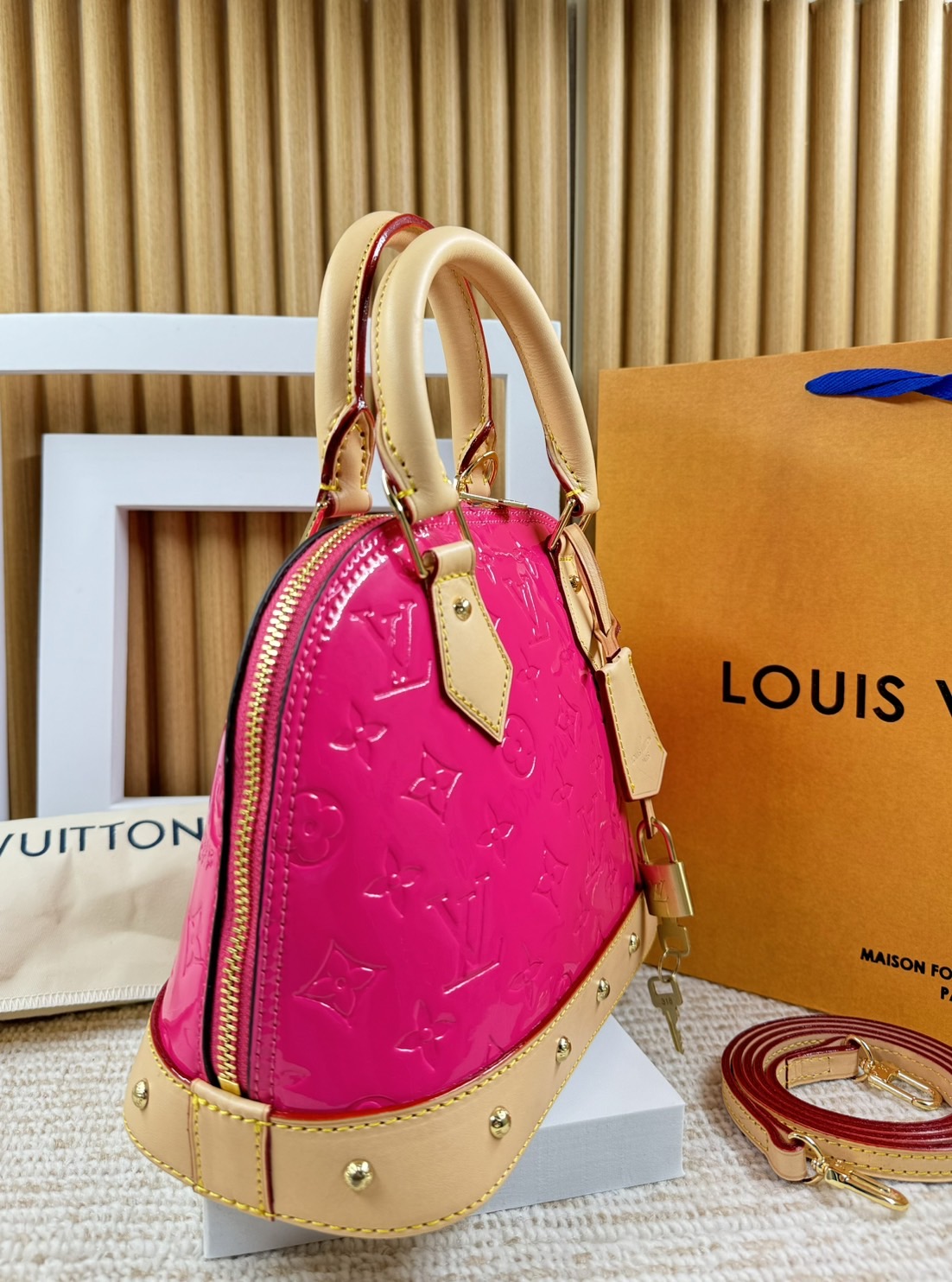 LV Alma BB Monogram Vernis Leather New Remix Colorful Chic and Yellow | Sky | Neon Pink กระเป๋าสะพายสีพาสเทล เกรดออริ สลับแท้ 1:1