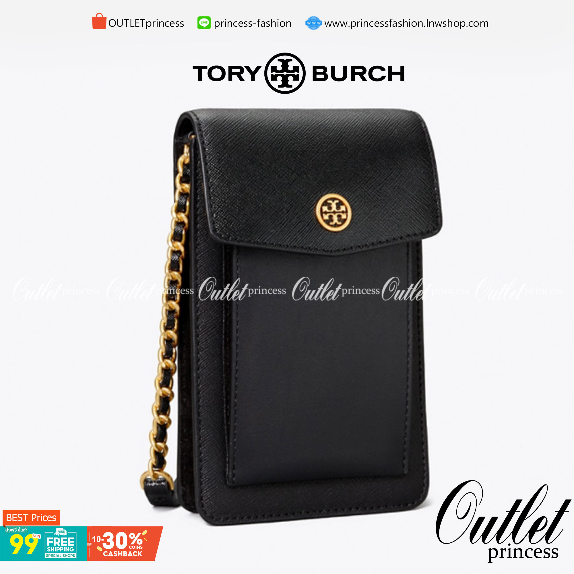OUTLET 】Tory burch robinson mixed materials phone crossbody ไอเท็มหรูจากแบรนด์ดังอย่างTory burch อีกแบรนด์สุดคลาสสิกที่มีทั้งความเท่และความเรียบหรูลงตัว กับรูปทรงแบบมินิมอลสีเหลี่ยมมุมโค้งเรียบ ๆ ดีไซน์ฝาพับปิดกระเป๋าได้มิดชิด ยังมีลักษณะที่แนบกับตัวผู้ใช