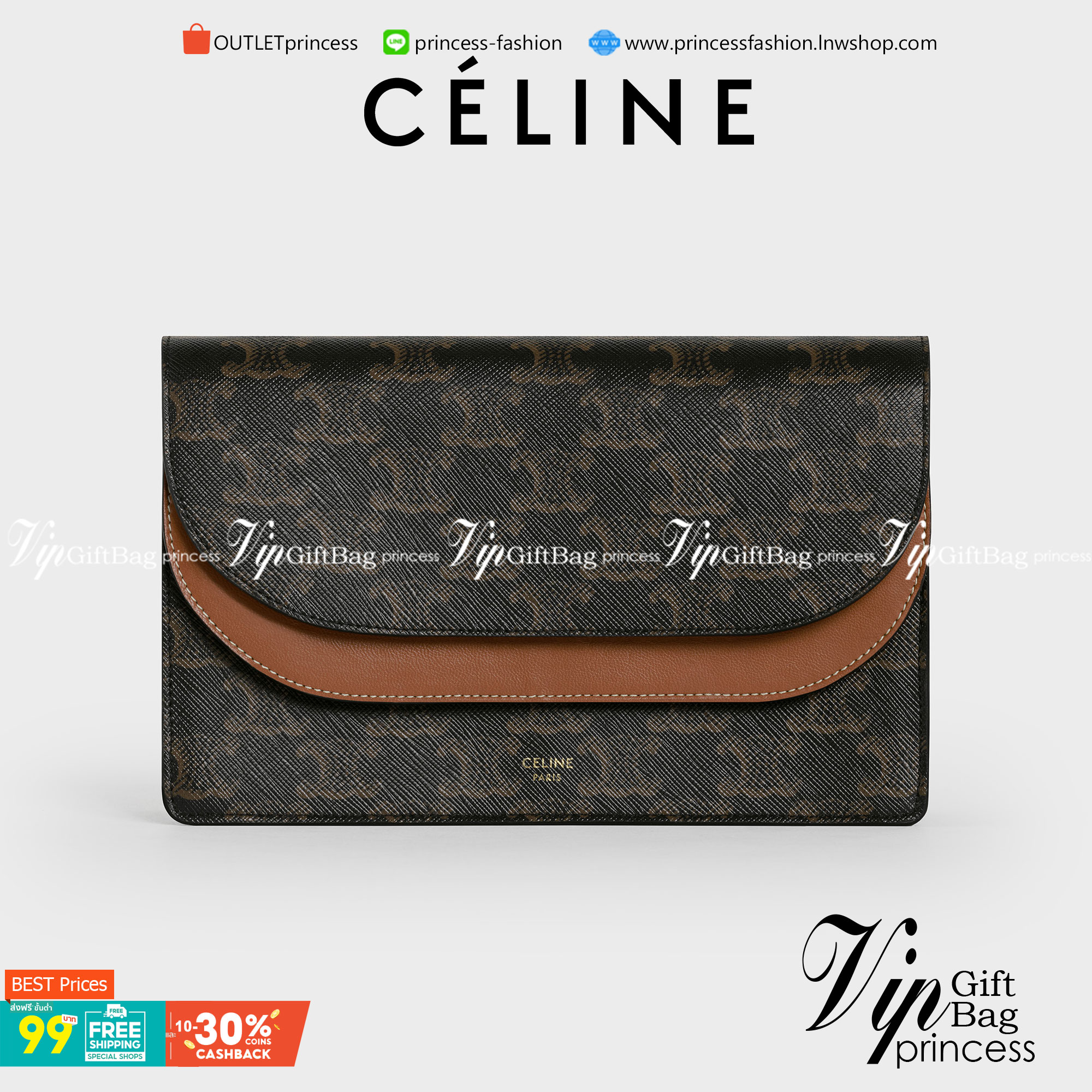 VIP 】หนังแท้ CELINE TRIOMPHE CLUTCH VIP GIFT CELINE IN TRIOMPHE CANVAS AND SMOOTH LAMBSKIN WALLET ON STRAP BAG กระเป๋าทรงสี่เหลี่ยมผืนผ้าหนังสวยหรูอยู่ทรงเปิดปิดด้วยฝาปิดกระดุม2ชั้น ภายในมีช่องแบ่งหลายช่องเป็นสัดส่วน สามารถใส่มือถือของใช้จุกจิกได้เยอะ มาพ