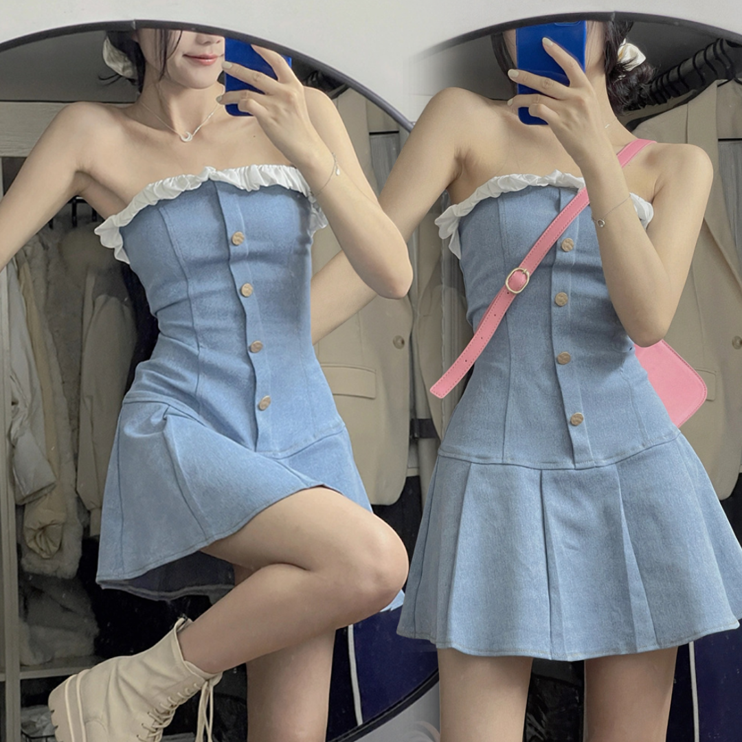พร้อมส่ง 🏡 🍝 Mini jean dress เดรสกระโปรงสั้น (IN38378)