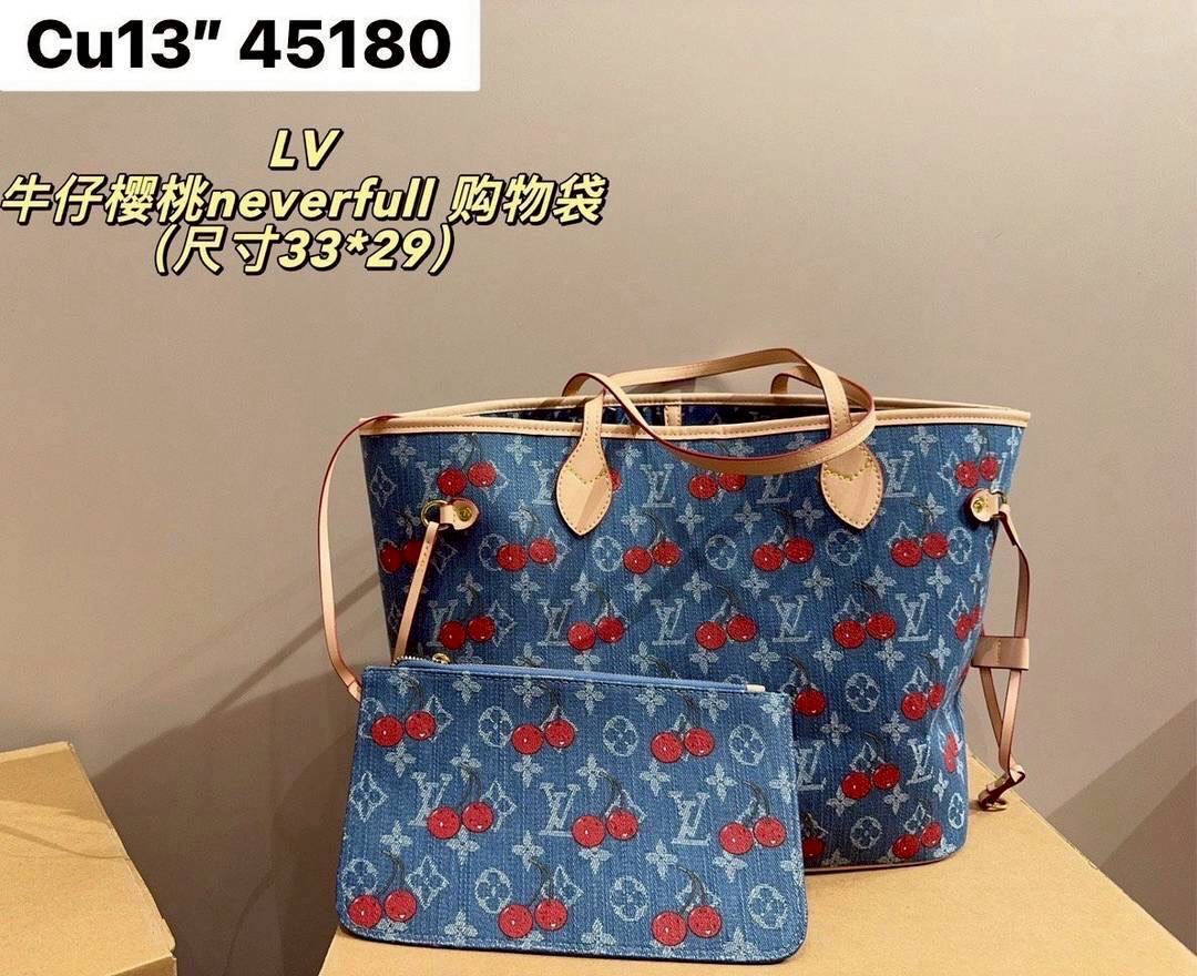 LV Neverfull MM Monogram cherry denim 32cm กระเป๋าสะพายทรงโท้ทช้อปปิ้งใบใหญ่ โดดเด่นมีชีวิตชีวา ด้วยเดนิมวินเทจปักลายเชอร์รี่สีสันสดใสสะดุดตาสะท้อนสไตล์ไอคอนิก
