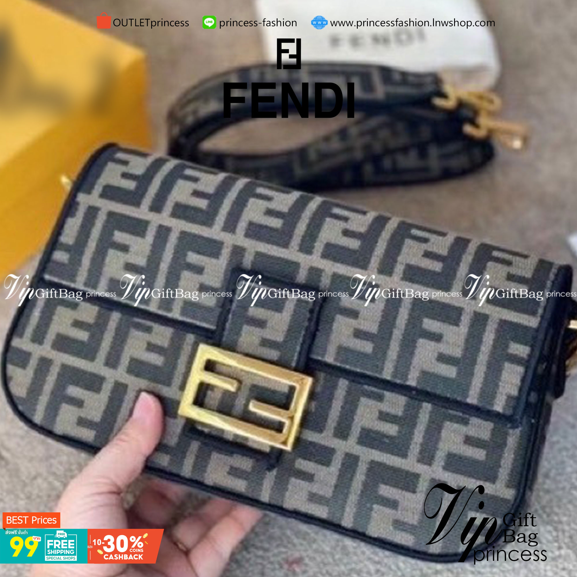 VIP 】FENDI VINTAGE BAGUETTE SHOULDER BAG 2size กระเป๋าสะพายทอลายโมโนแกรม อะไหล่ทองหรูหรา มี 2 ขนาด ทนทาน มาพร้อมสาย 2 แบบ สำหรับคล้องแขน และสายครอสบอดี้ เปิด-ปิดด้วยกระดุมแม่เหล็ก ภายในเป็นช่องโล่ง ใส่โทรศัพท์ พร้อมเสิร์ฟความสวยให้ถึงบ้านจ้า วัสดุผ้าทอลาย