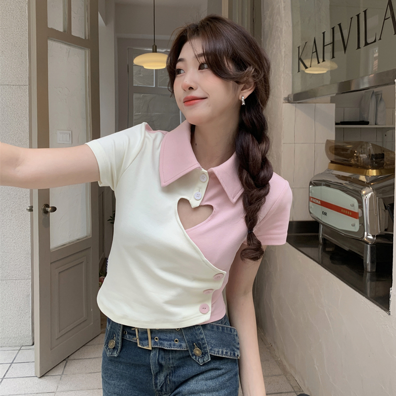 พร้อมส่ง 🌼🎁 Solina tops เสื้อยืดแขนสั้น แต่งหัวใจสีชมพูขาว (37177)