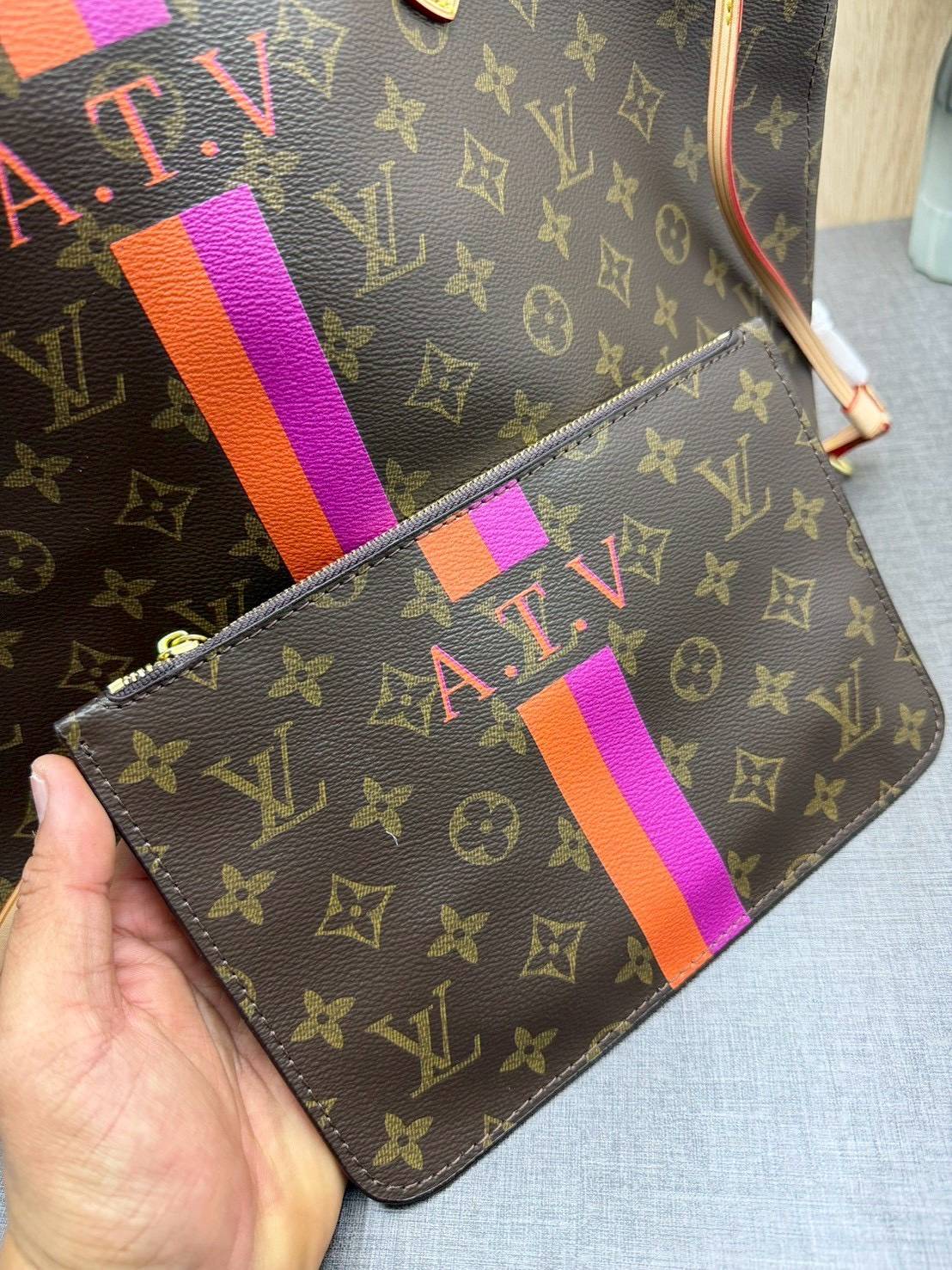 ORI หนังแท้ | LV Neverfull MM Mon Monogram / LV Tote Bag กระเป๋าสะพายทรงโท้ทใบใหญ่ คาดแถบชมพู