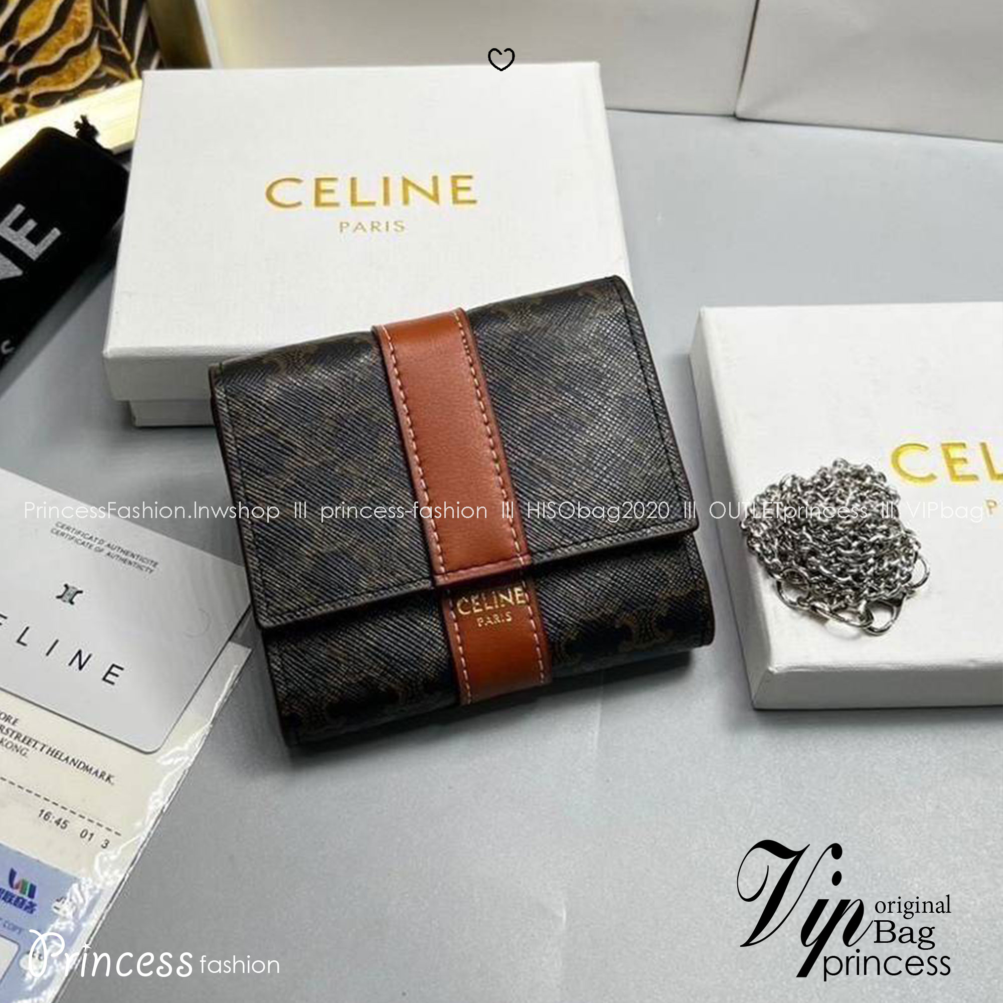 ORI หนังแท้ | CELINE SMALL TRIFOLD WALLET ON CHAIN / CELINE Wallet กระเป๋าสตางค์ใบสั้น 3 พับ พร้อมสายสะพายโซ่ กระเป๋าสตางค์ซีลีน