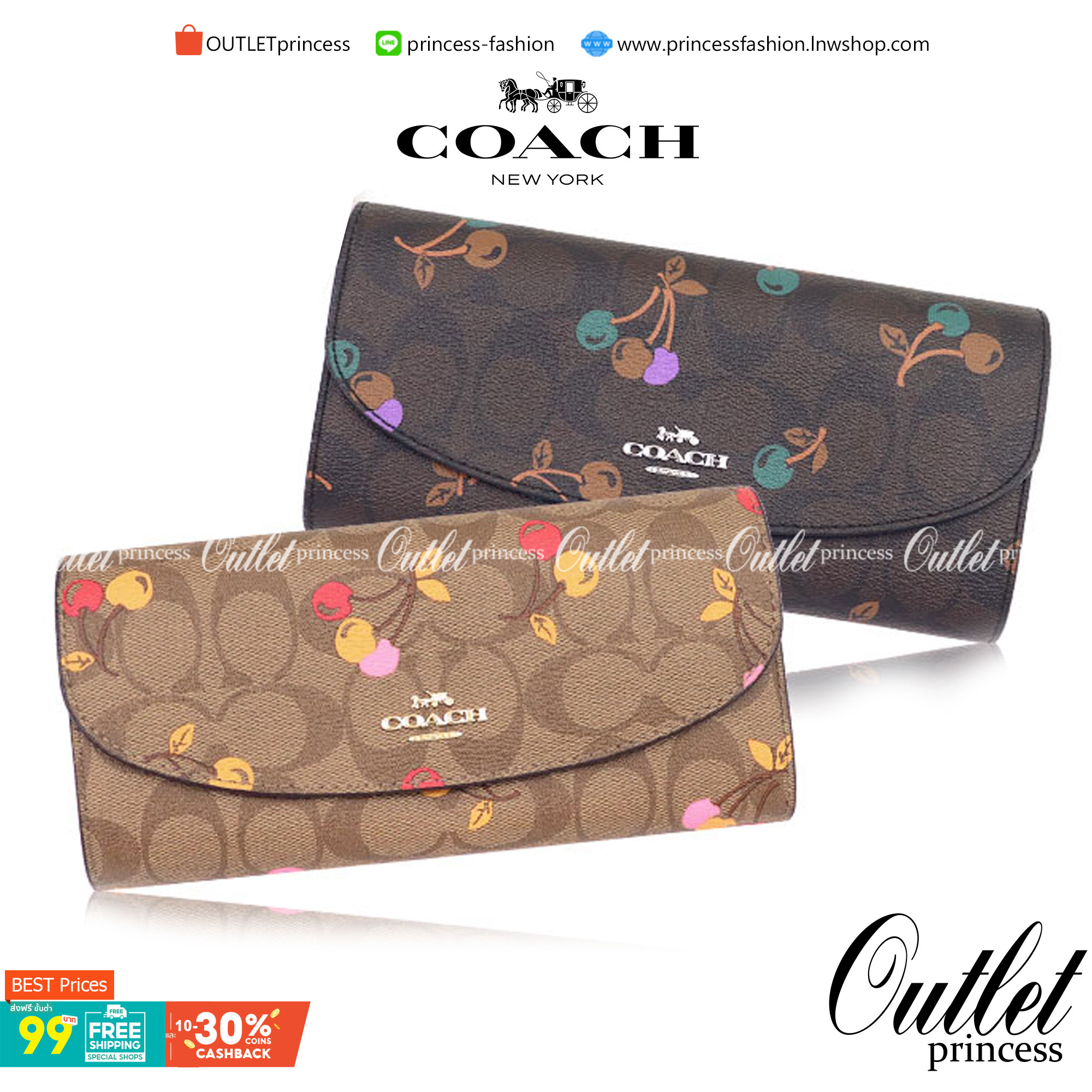 OUTLET 】COACH F31562 SLIM ENVELOPE WALLET IN SIGNATURE CANVAS WITH CHERRY PRINT คอลเลคชั่นใหม่ล่าสุด ต้อนรับนิวเยียร์ไปเลย!! 🍒🎊 กระเป๋าสตางค์รุ่นขายดี ทรงจดหมายรุ่นฝาพับ ดีไซน์ลายเชอร์รี่ น่ารักสดใส วัสดุหนังแคนวาสเคลือบลาย ภายในใส่มือถือไ