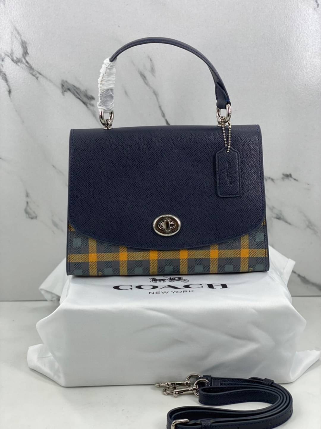 COACH TILLY TOP HANDLE SATCHEL WITH GINGHAM PRINT (COACH F76615) BROWN PINK MULTI/GOLD