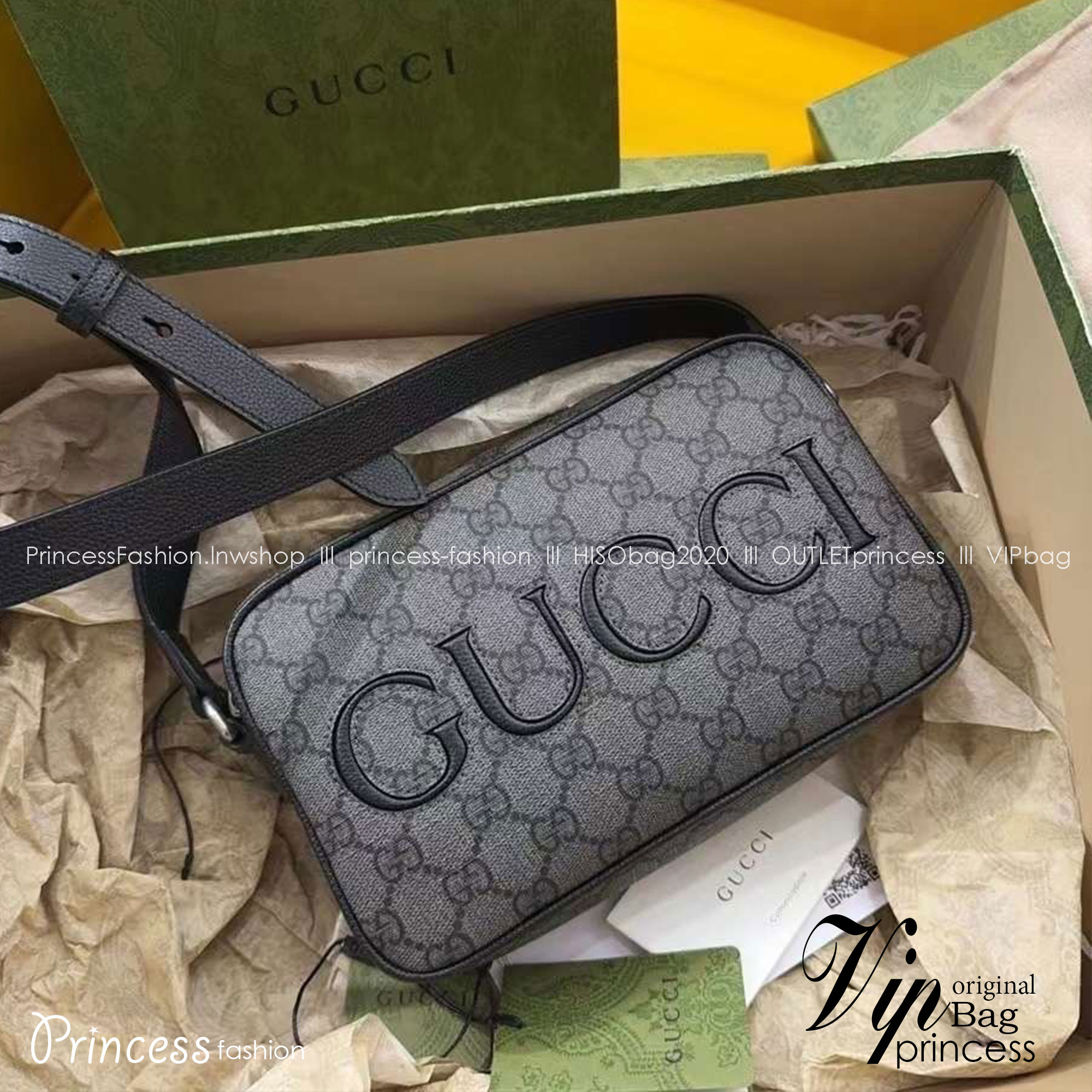 GUCCI MINI SHOULDER BAG Grey and black GG Supreme canvas กระเป๋าทรงแมสเซ็นเจอร์ เกรดออริ ท็อป สลับแท้ 1:1 เกรดดีสุด ใช้งานต่างประเทศได้