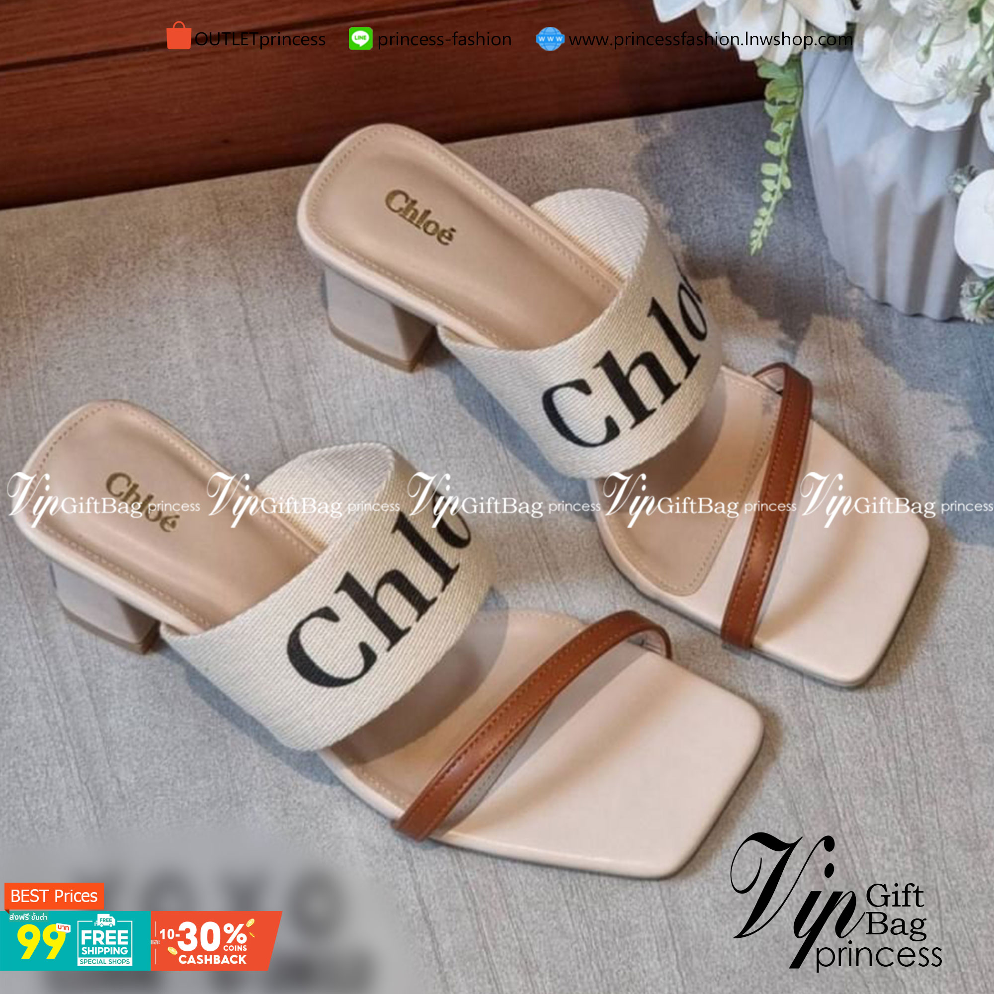 Chloe' รองเท้า งานสวม คาดไค้ว สวยเก๋ วัสดุ หนัง PU สายคาดบนสกีนแบรนด์วัสดุผ้าแคนวาส ส้นแท่ง ใส่สบาย แมทส์ชุดง่าย น้ำหนักเบา