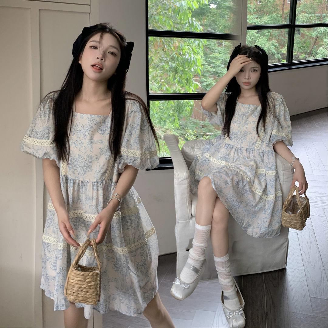 พร้อมส่ง 🍅🎪 Blue cookie dress เดรสคอเหลี่ยมแขนบอลลูนสีฟ้าลายน่ารัก (IN38520)
