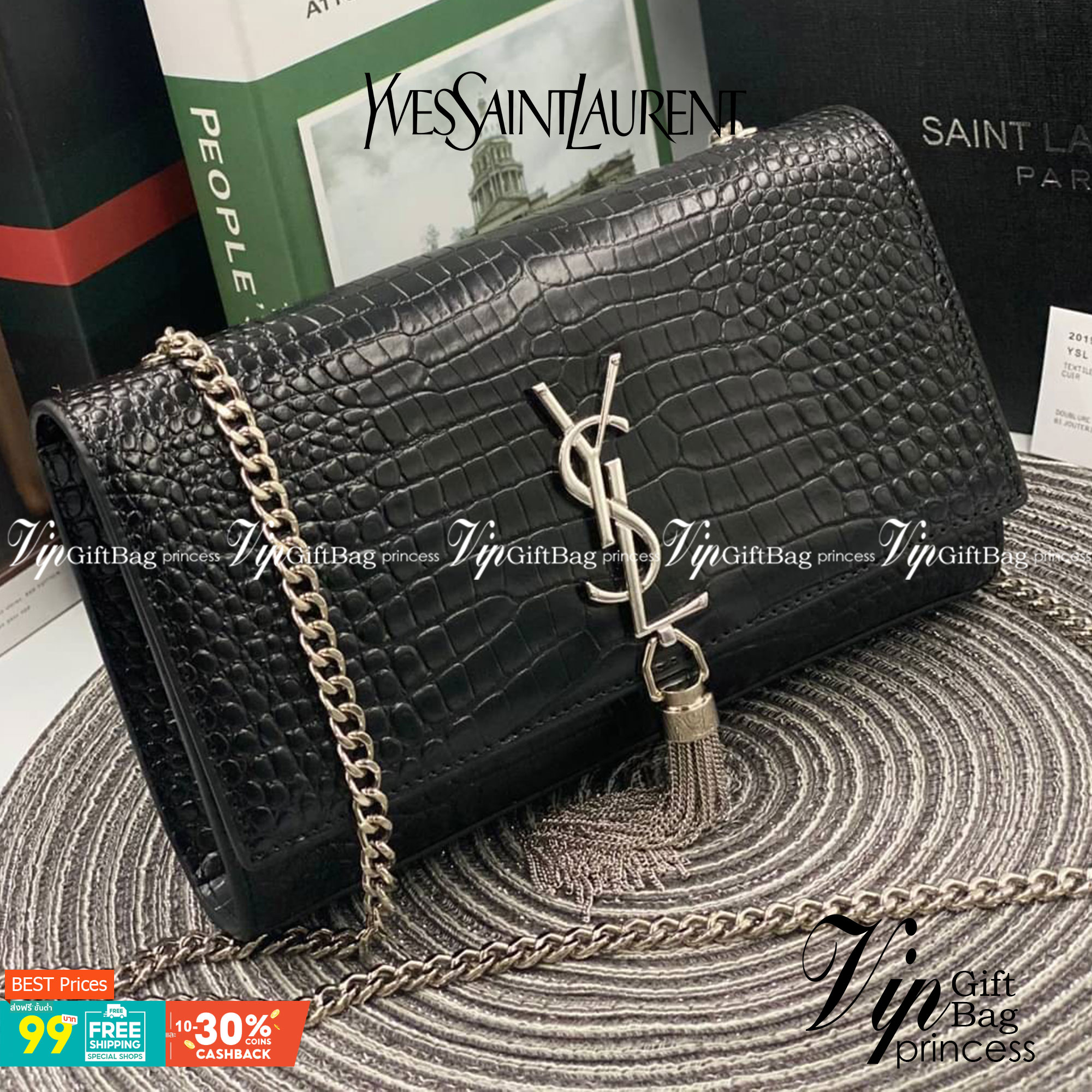 VIP 】หนังแท้ YSL Saint Laurent Kate Tassel Bag in Black Crocodile-Embossed Leather with Chain