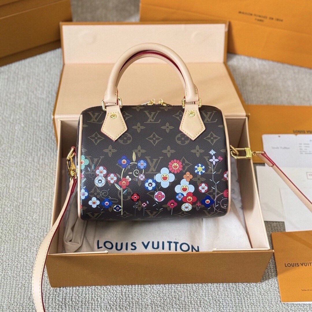 LV x TM speedy bandouliere 20 bag Monogram Flowers กระเป๋าทรงหมอนใบเล็ก คอลแสนสดใสด้วยการตกแต่งลายพิมพ์ รุ่นดอกไม้หลากสี และเชอรี่ มาพร้อมกุญแจล็อค ขนาดกำลังดี กะทัดรัด
