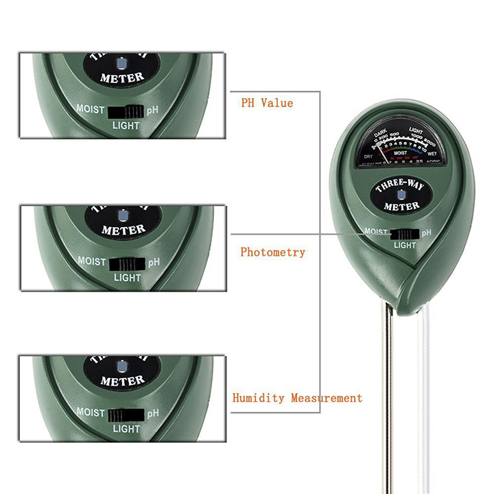 เครื่องวัดดิน 3in1 ใช้วัด pH ดิน, ความชื้นดิน และค่าแสงแดด