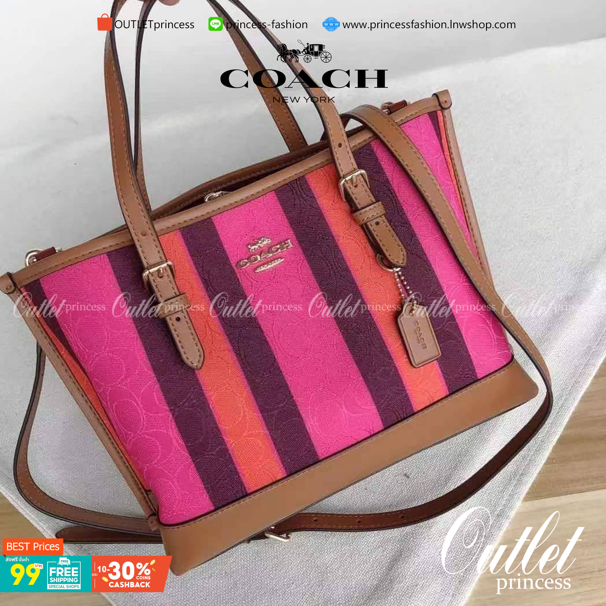 COACH C4086 MOLLIE TOTE 25 IN SIGNATURE JACQUARD WITH STRIPES แจกความสดใสด้วยลุคคัลเลอร์ฟูล กระเป๋าทรงโท้ท มินิไซส์ ตกแต่งลายเอกลักษณ์ถักทออยู่บนผ้า jacquard ตัดกับลายเส้นสีสันสวยงาม ลงตัวไม่ซ้ำใคร ภายในเป็นช่องโล่ง มีช่องซิปกลางใส่ของได้ ขนาดกำลังดีแบบใส