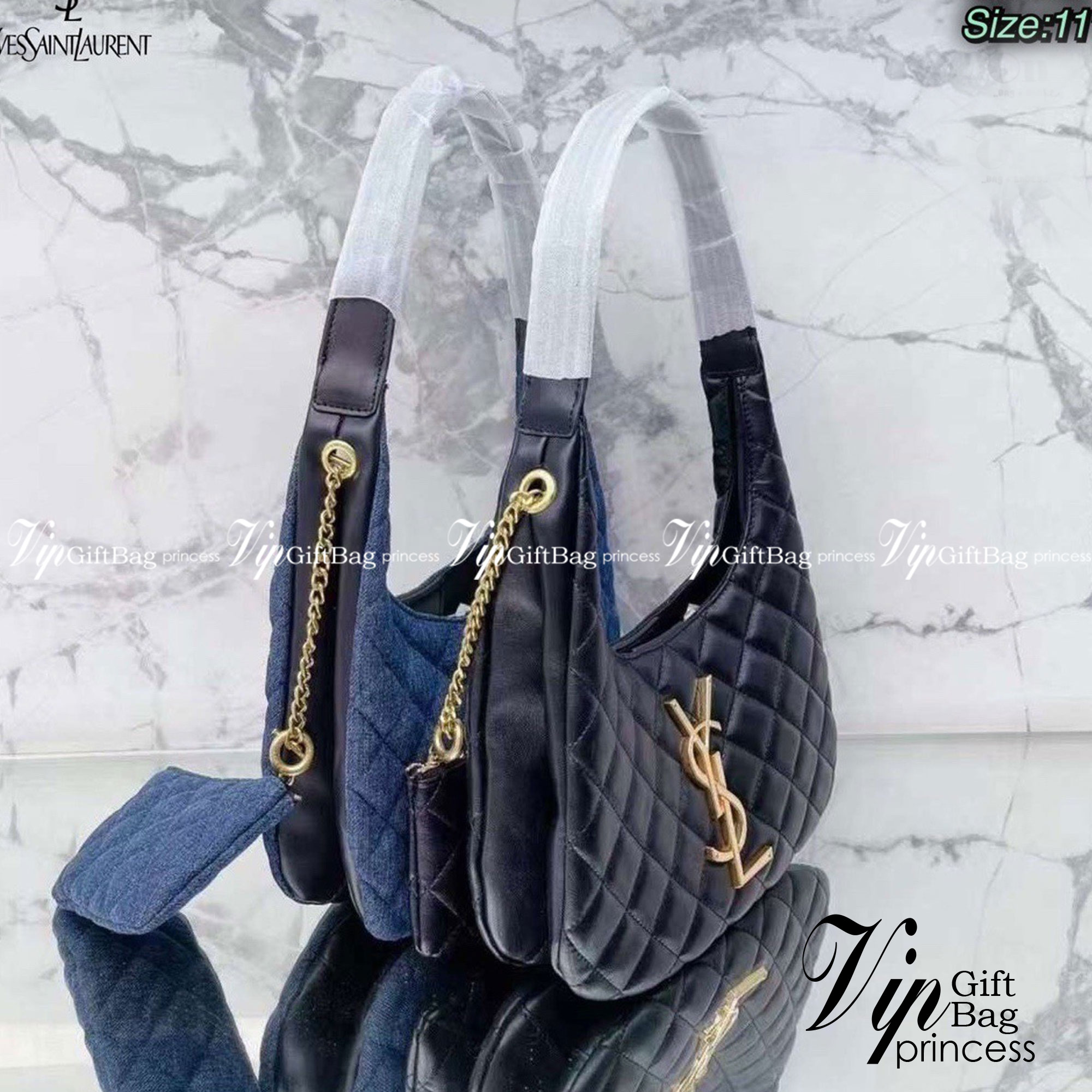 YSL Icare Maxi Shopping Bag In Quilted Lambskin 11" / YSL Icare Maxi Denim กระเป๋าสะพายขนาดกะทัดรัด มาพร้อมใบเล็ก หนังบุเย็บลายตาข่าย (Quilted Bag) ดีไซน์โฉบเฉี่ยวกว่าหลายระดับด้วยการประดับฮาร์ดแวร์ทองเหลืองในตัวอักษร Y.S.L สะดุดตา มอบสไตล์เรียบง่ายแ