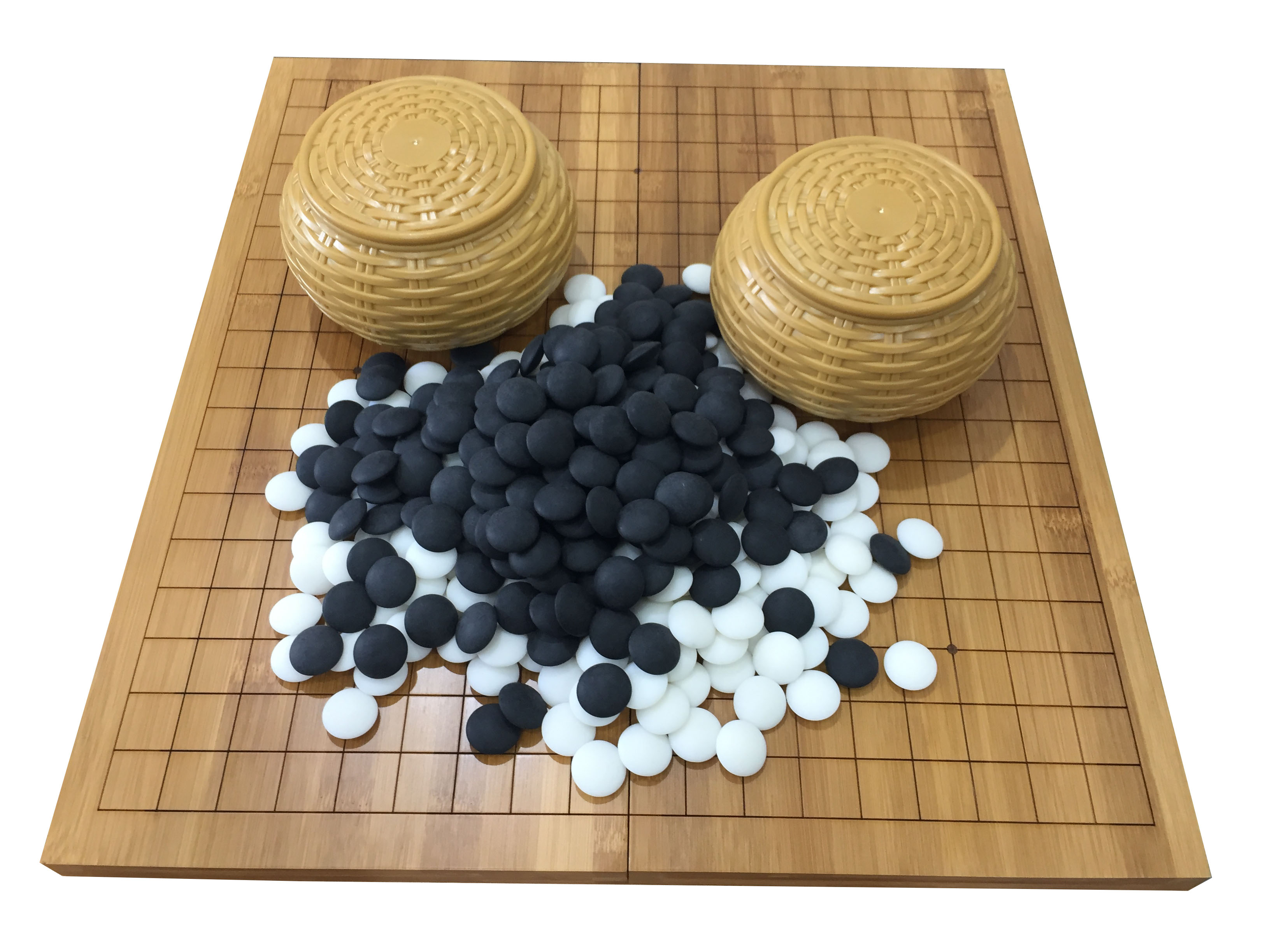 ชุดกระดานหมากล้อมไม้ไผ่พับได้พร้อมเม็ดเมลามีนนูนสองด้านและโถรูปพลาสติกทรงหวาย