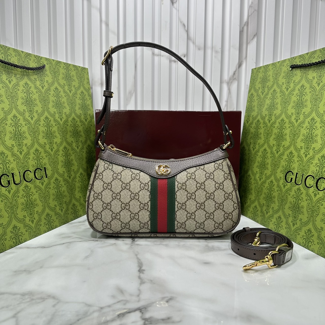 10" ORI หนังแท้ | Gucci Ophidia small shoulder bag GG Monogram Double G / Gucci Hobo Bag กระเป๋าสะพายทรงโฮโบขนาดเล็ก